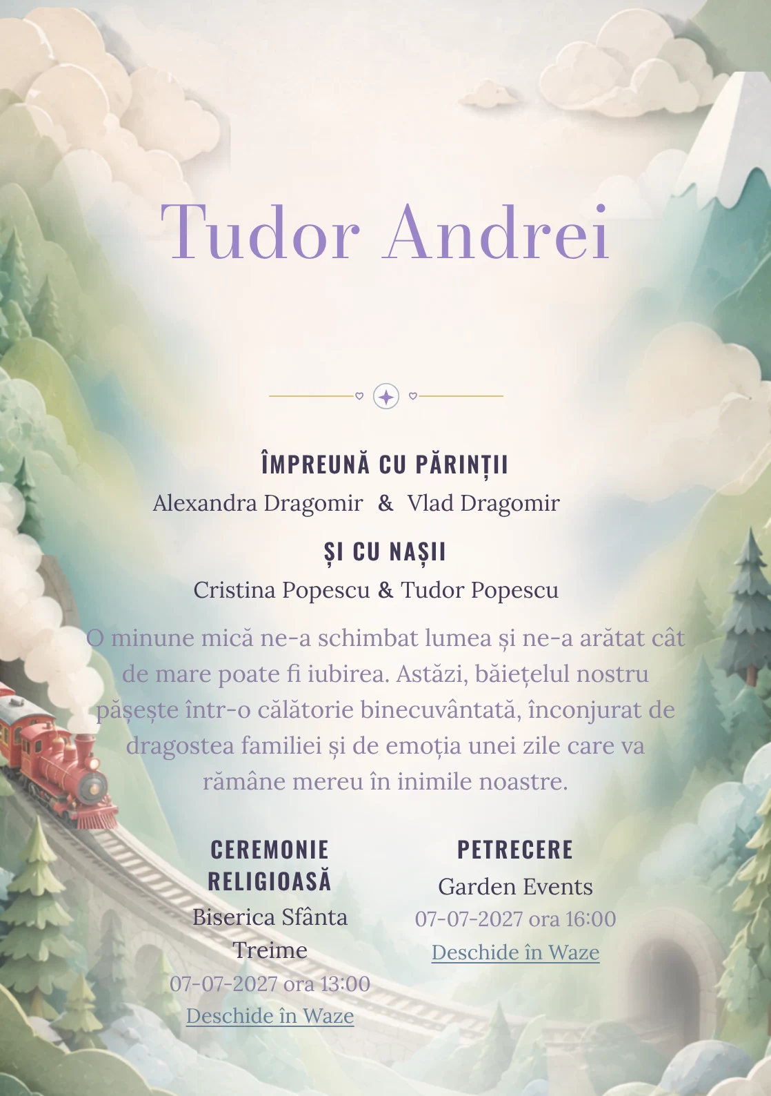 Trenul Pastel, din gama de invitații botez, are ca reper vizual un trenuleț roșu traversând munți pastel; compoziția include tuneluri, brazi și abur moale.