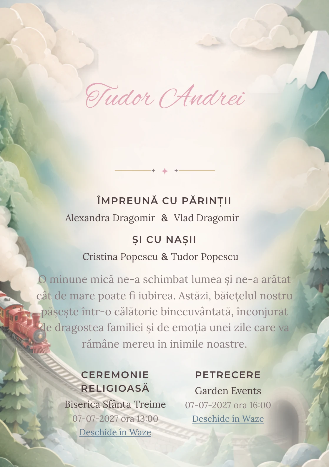 Trenul Pastel, din gama de invitații botez, are ca reper vizual un trenuleț roșu traversând munți pastel; compoziția include tuneluri, brazi și abur moale.