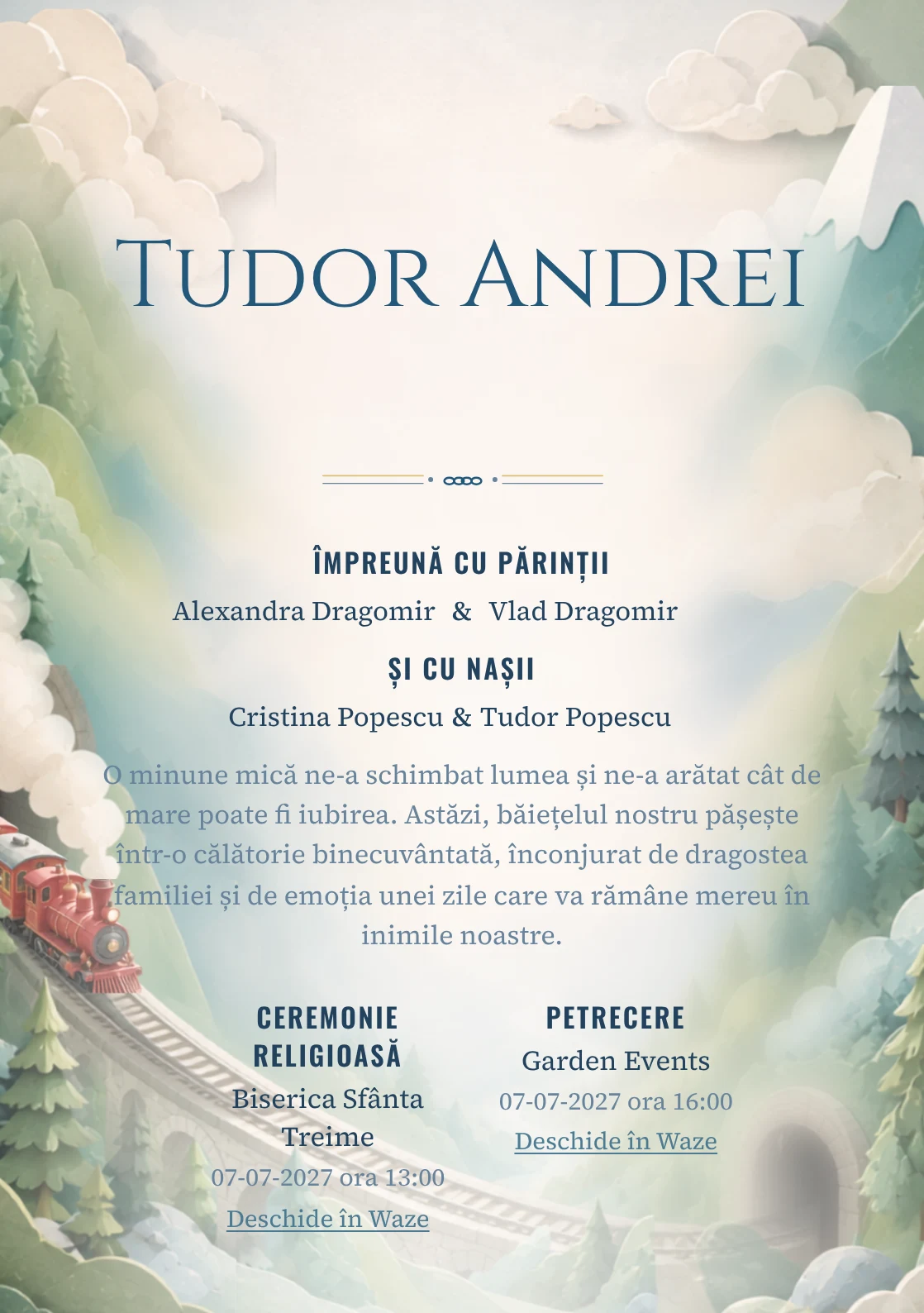 Trenul Pastel, din gama de invitații botez, are ca reper vizual un trenuleț roșu traversând munți pastel; compoziția include tuneluri, brazi și abur moale.