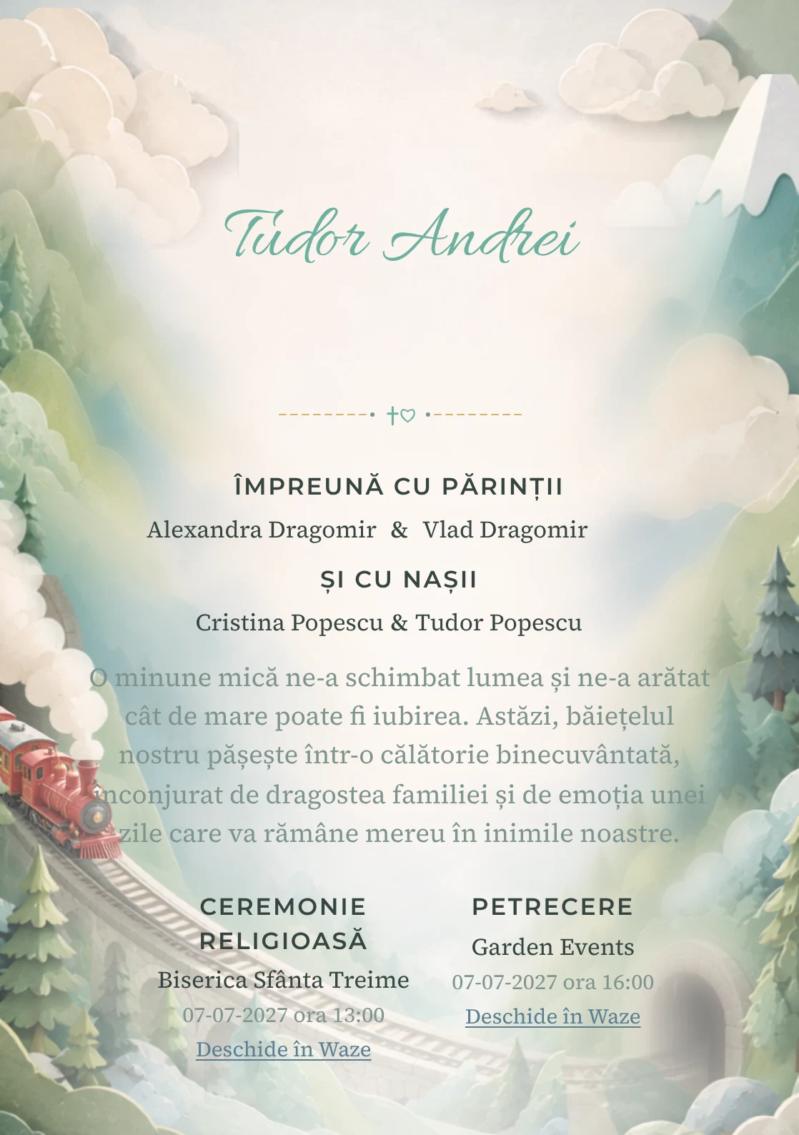 Trenul Pastel, din gama de invitații botez, are ca reper vizual un trenuleț roșu traversând munți pastel; compoziția include tuneluri, brazi și abur moale.