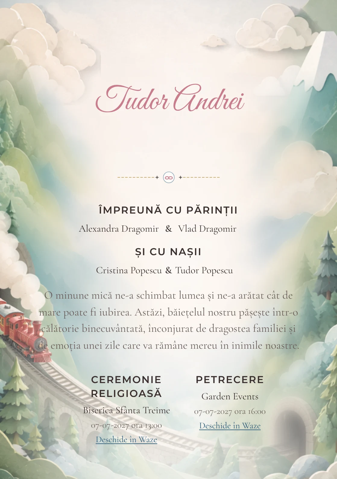 Trenul Pastel, din gama de invitații botez, are ca reper vizual un trenuleț roșu traversând munți pastel; compoziția include tuneluri, brazi și abur moale.