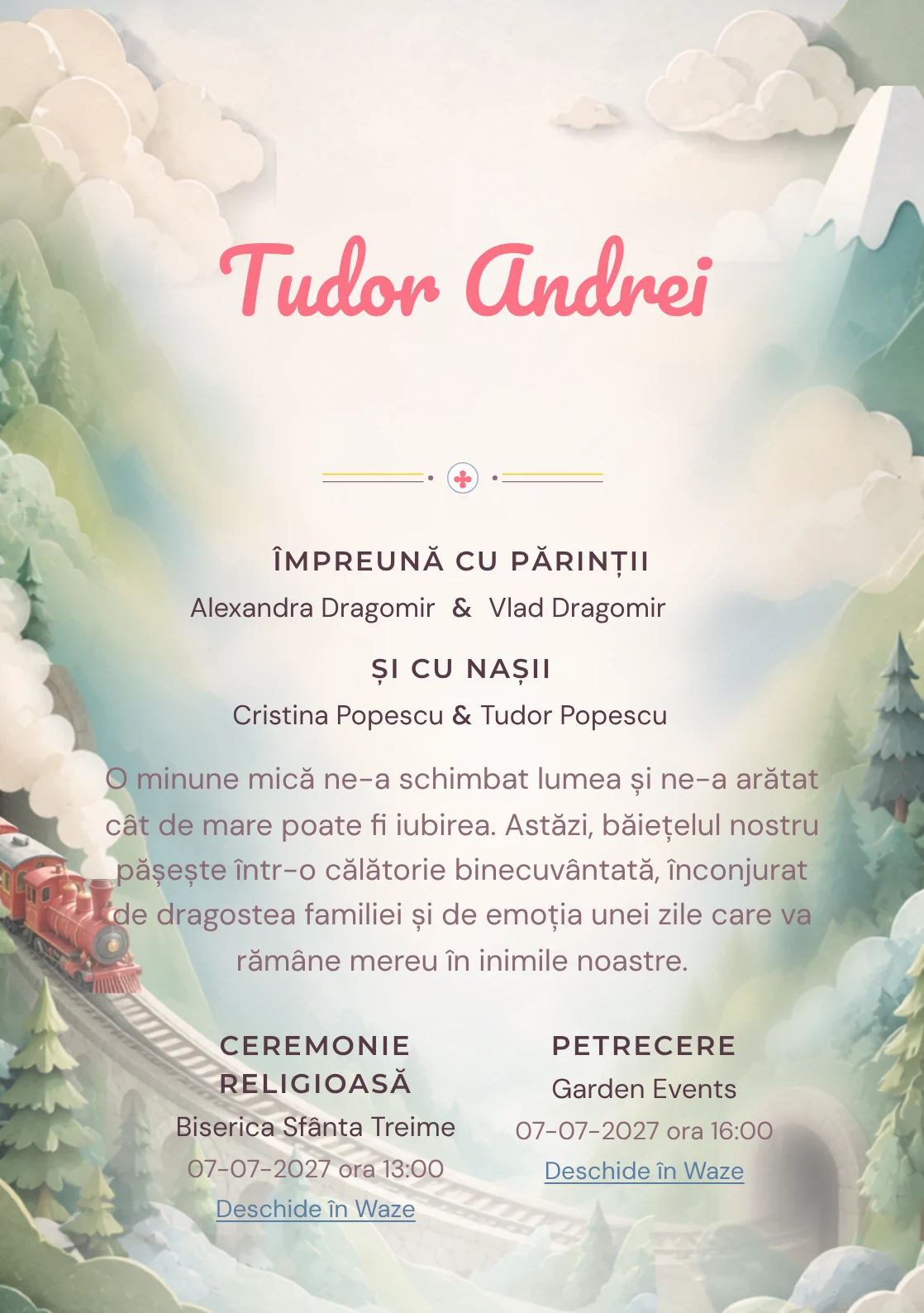 Trenul Pastel, din gama de invitații botez, are ca reper vizual un trenuleț roșu traversând munți pastel; compoziția include tuneluri, brazi și abur moale.