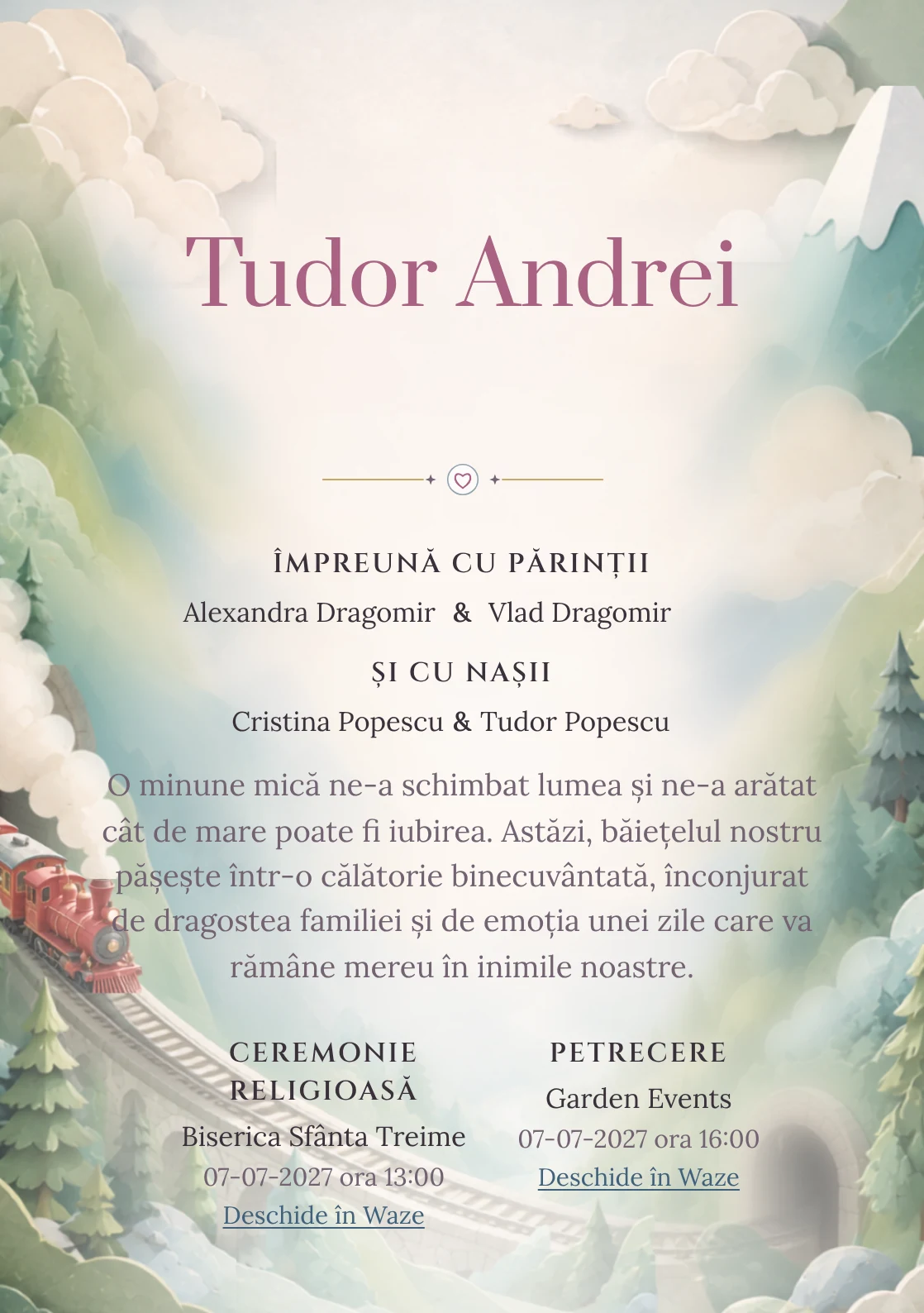 Trenul Pastel, din gama de invitații botez, are ca reper vizual un trenuleț roșu traversând munți pastel; compoziția include tuneluri, brazi și abur moale.