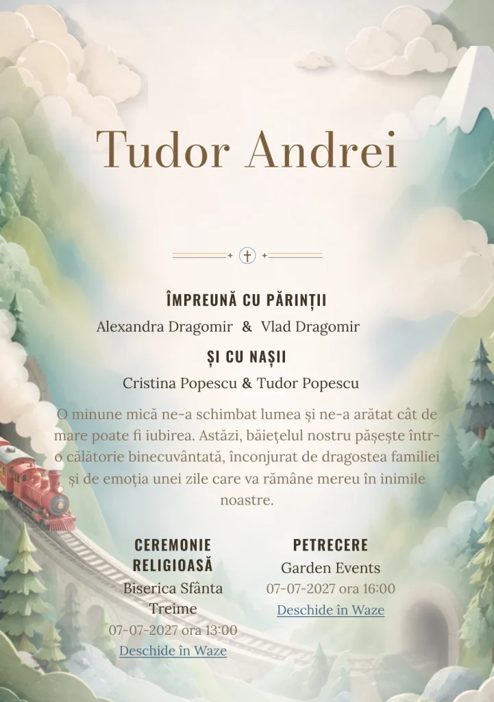 Trenul Pastel, din gama de invitații botez, are ca reper vizual un trenuleț roșu traversând munți pastel; compoziția include tuneluri, brazi și abur moale.