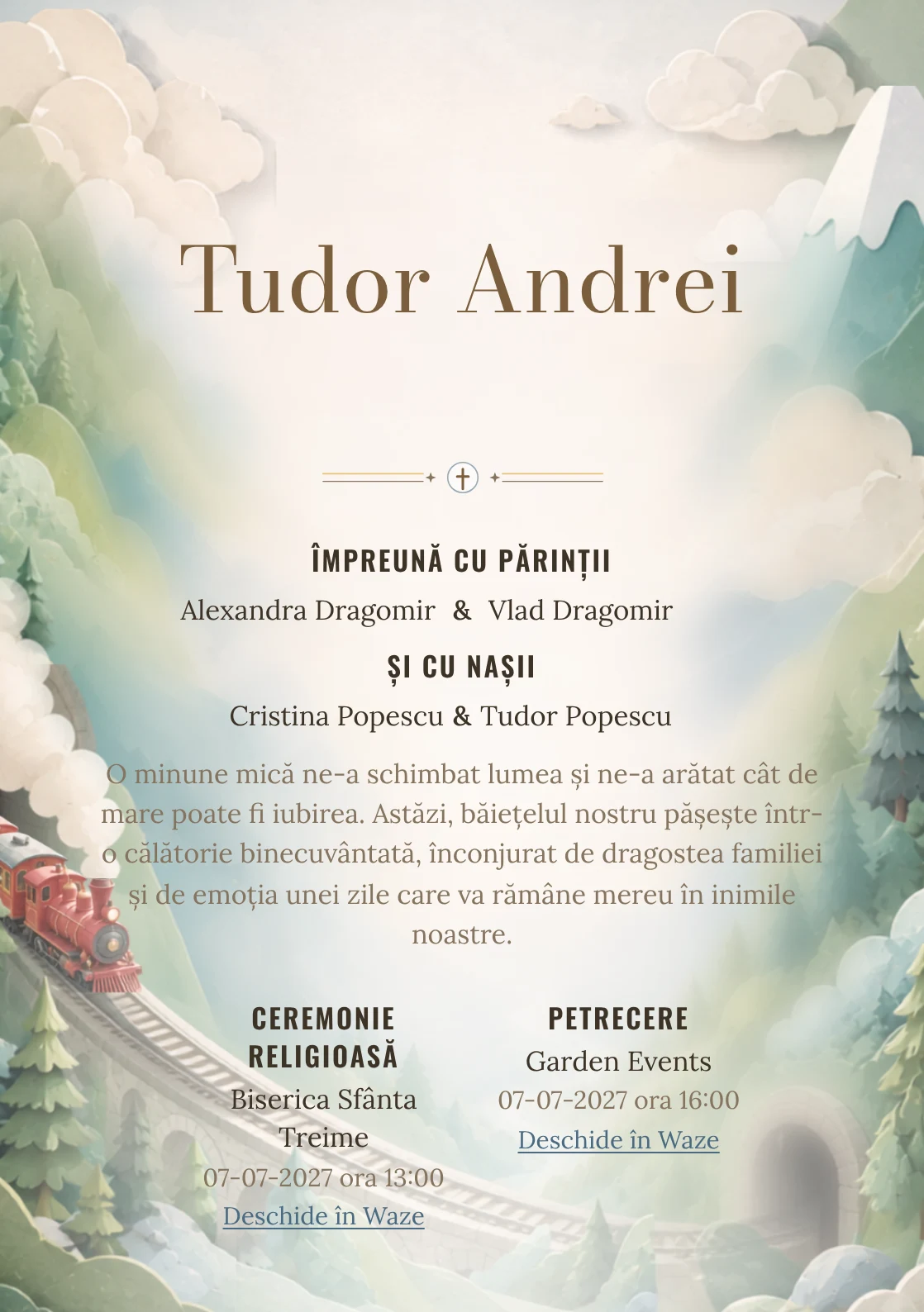 Trenul Pastel, din gama de invitații botez, are ca reper vizual un trenuleț roșu traversând munți pastel; compoziția include tuneluri, brazi și abur moale.