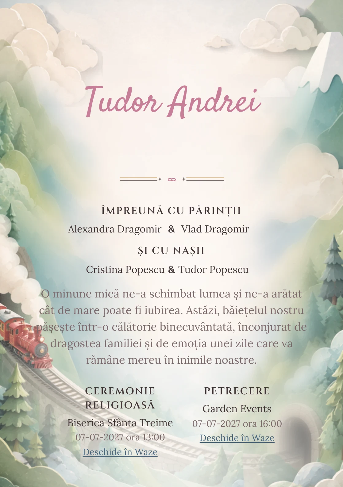 Trenul Pastel, din gama de invitații botez, are ca reper vizual un trenuleț roșu traversând munți pastel; compoziția include tuneluri, brazi și abur moale.