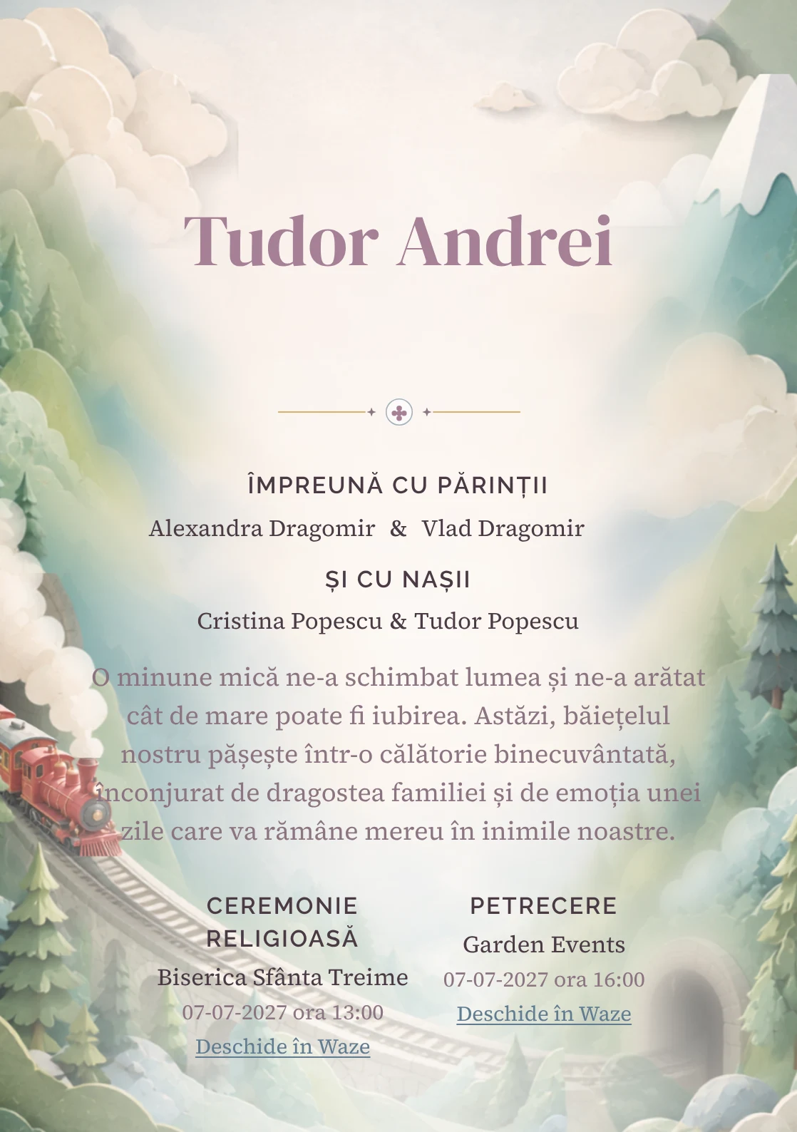 Trenul Pastel, din gama de invitații botez, are ca reper vizual un trenuleț roșu traversând munți pastel; compoziția include tuneluri, brazi și abur moale.