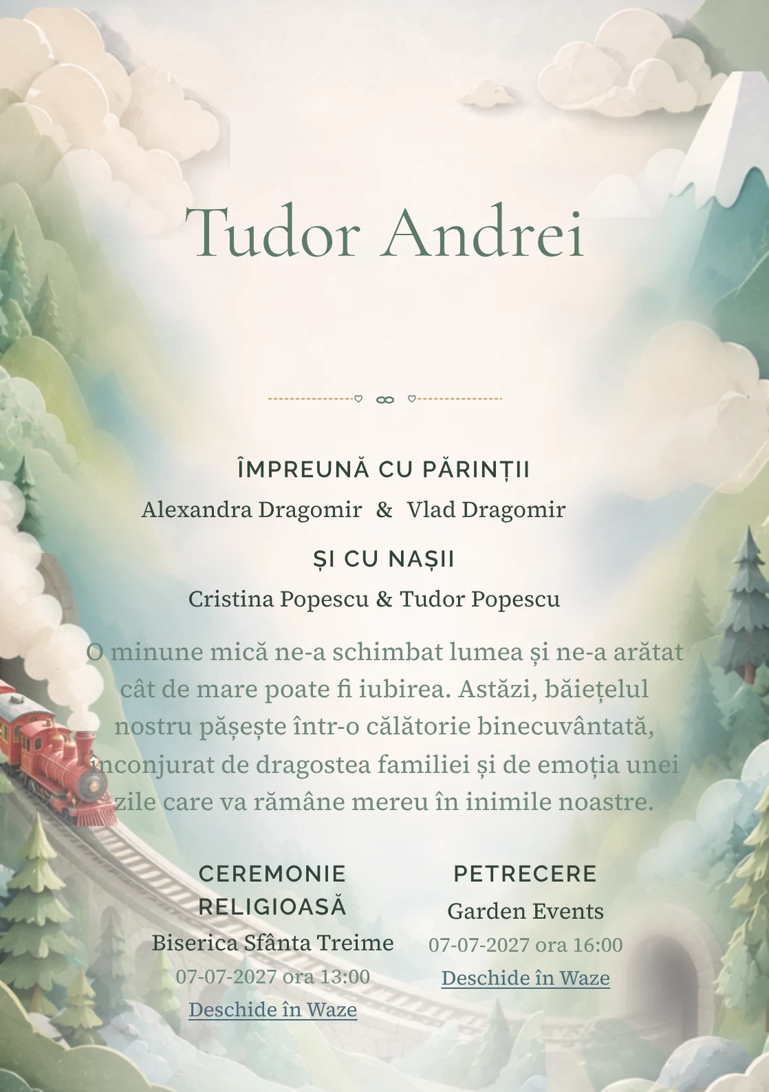 Trenul Pastel, din gama de invitații botez, are ca reper vizual un trenuleț roșu traversând munți pastel; compoziția include tuneluri, brazi și abur moale.