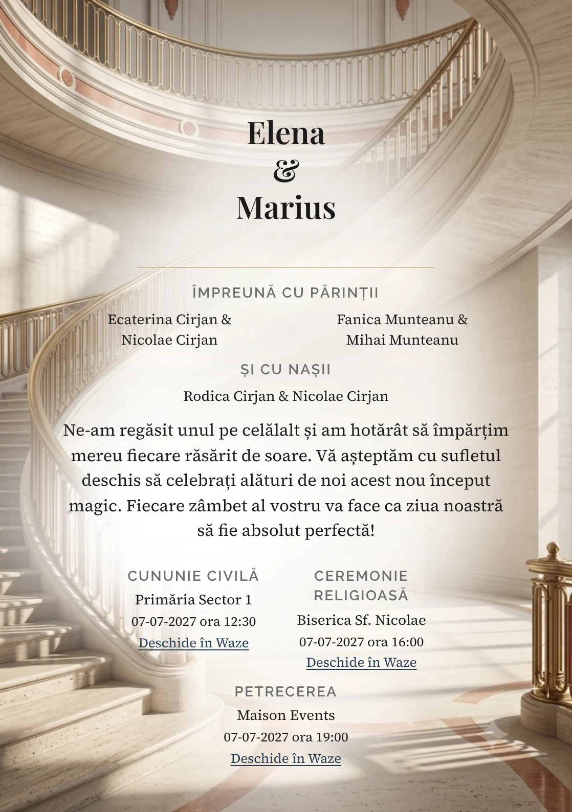 Trepte de Travertin, pentru o invitație de nuntă, prezintă scară curbată de travertin, completat vizual de nuanțe de bej travertin, gri umbră și roșu sienna pal.