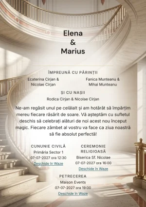 Trepte de Travertin, pentru o invitație de nuntă, prezintă scară curbată de travertin, completat vizual de nuanțe de bej travertin, gri umbră și roșu sienna pal.