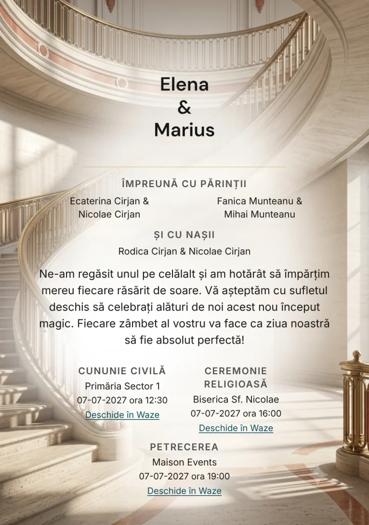 Trepte de Travertin, pentru o invitație de nuntă, prezintă scară curbată de travertin, completat vizual de nuanțe de bej travertin, gri umbră și roșu sienna pal.