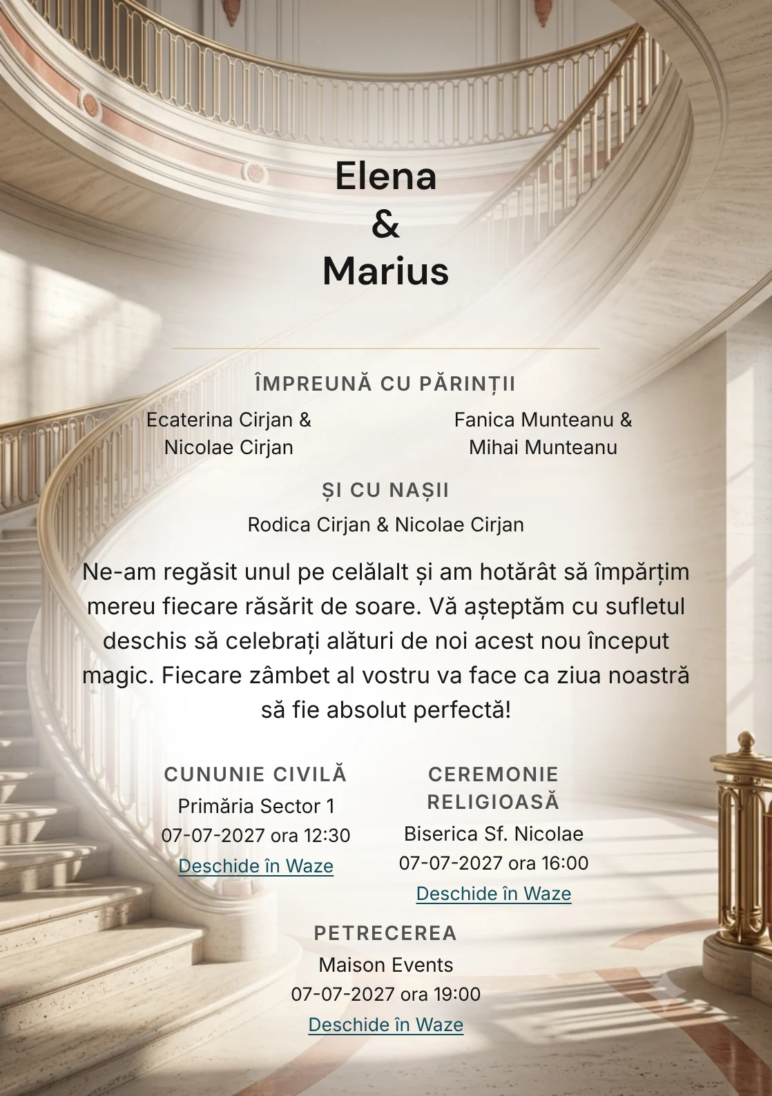 Trepte de Travertin, pentru o invitație de nuntă, prezintă scară curbată de travertin, completat vizual de nuanțe de bej travertin, gri umbră și roșu sienna pal.