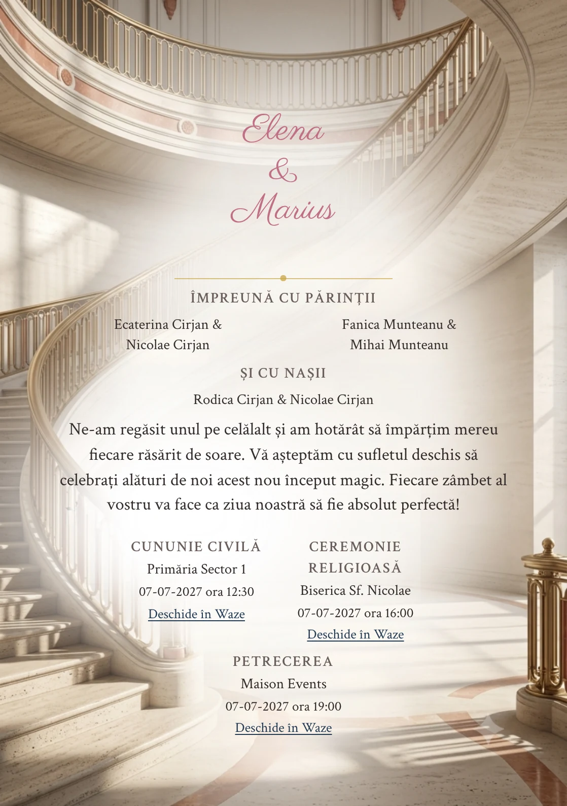 Trepte de Travertin, pentru o invitație de nuntă, prezintă scară curbată de travertin, completat vizual de nuanțe de bej travertin, gri umbră și roșu sienna pal.