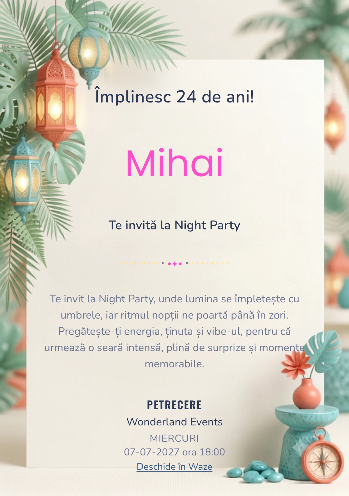 Pentru aniversările adulților, Tropical Night Light propune invitații online cu frunze ample și felinare și nuanțe de verde smarald pal și turcoaz.