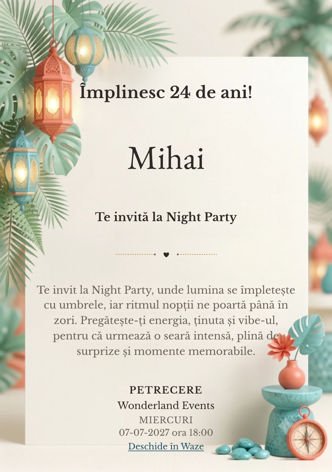 Pentru aniversările adulților, Tropical Night Light propune invitații online cu frunze ample și felinare și nuanțe de verde smarald pal și turcoaz.