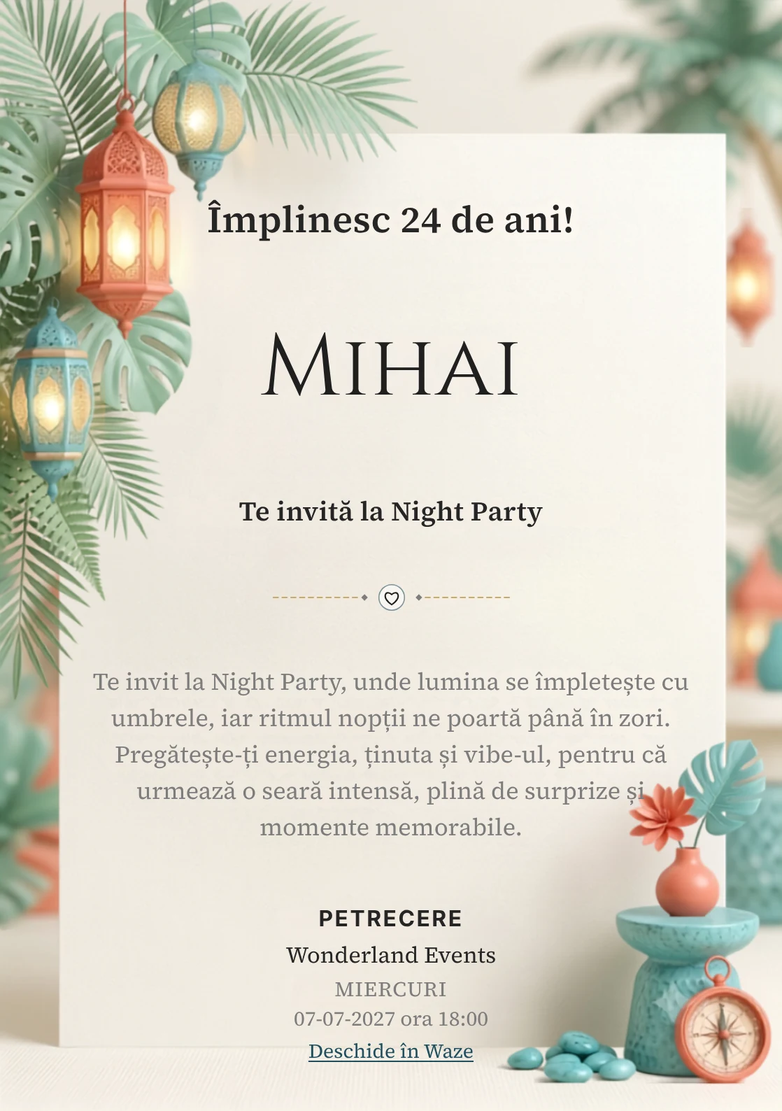 Pentru aniversările adulților, Tropical Night Light propune invitații online cu frunze ample și felinare și nuanțe de verde smarald pal și turcoaz.