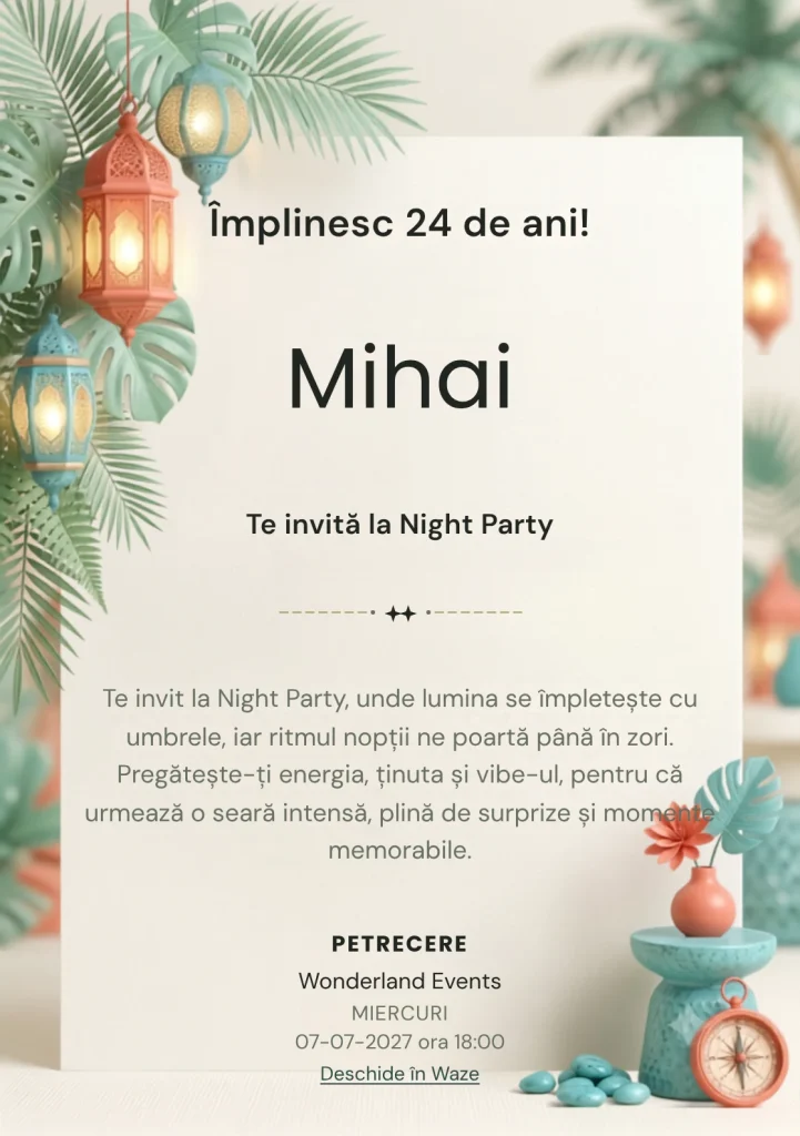 Pentru aniversările adulților, Tropical Night Light propune invitații online cu frunze ample și felinare și nuanțe de verde smarald pal și turcoaz.