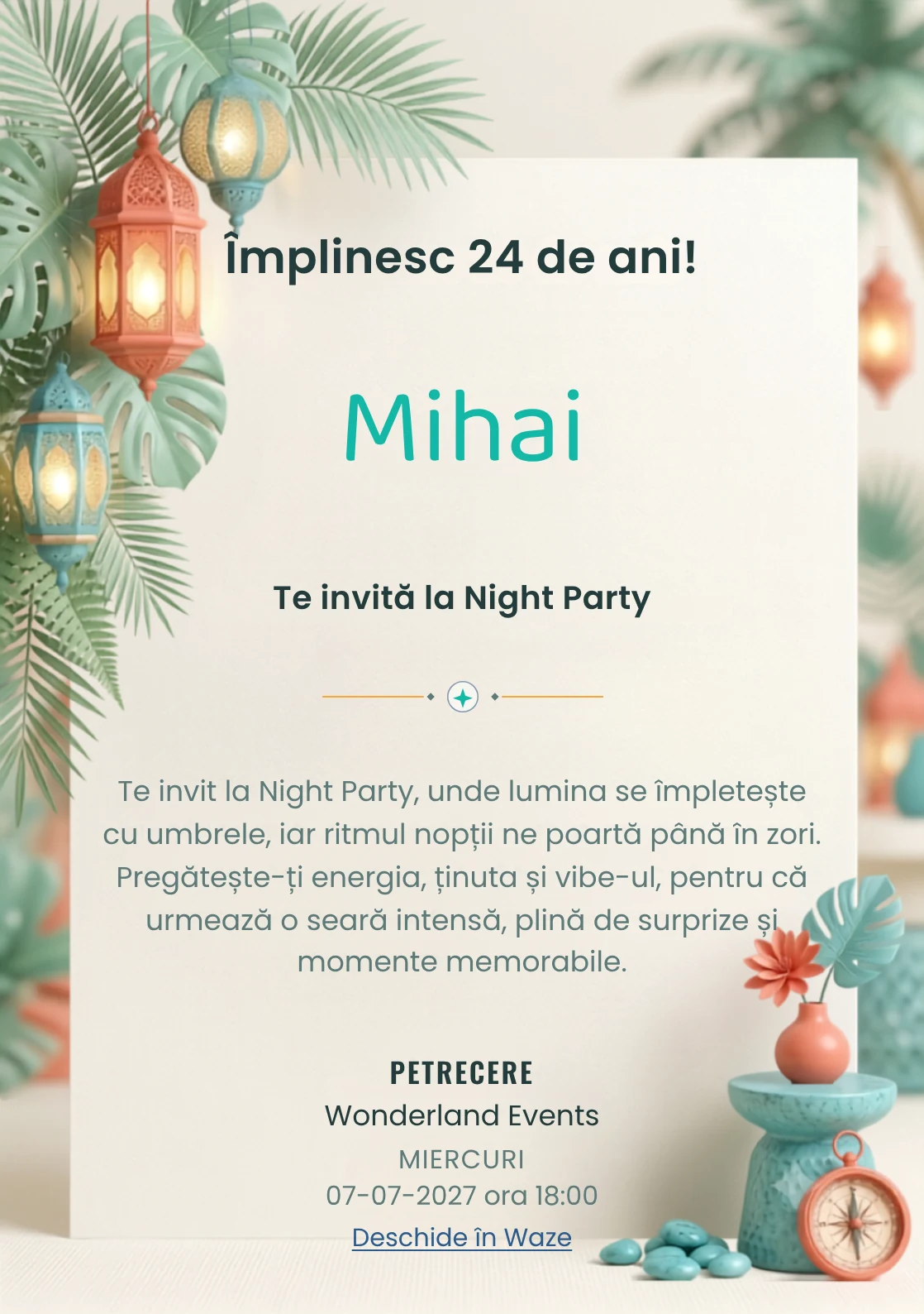 Pentru aniversările adulților, Tropical Night Light propune invitații online cu frunze ample și felinare și nuanțe de verde smarald pal și turcoaz.