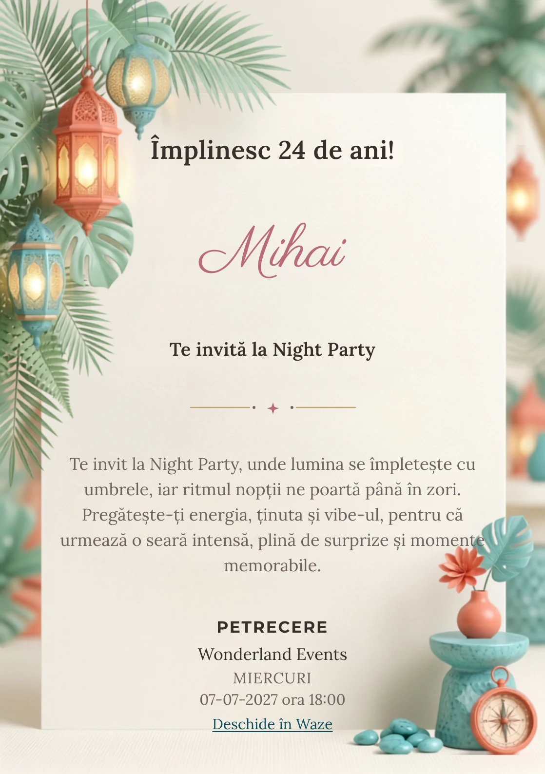 Pentru aniversările adulților, Tropical Night Light propune invitații online cu frunze ample și felinare și nuanțe de verde smarald pal și turcoaz.