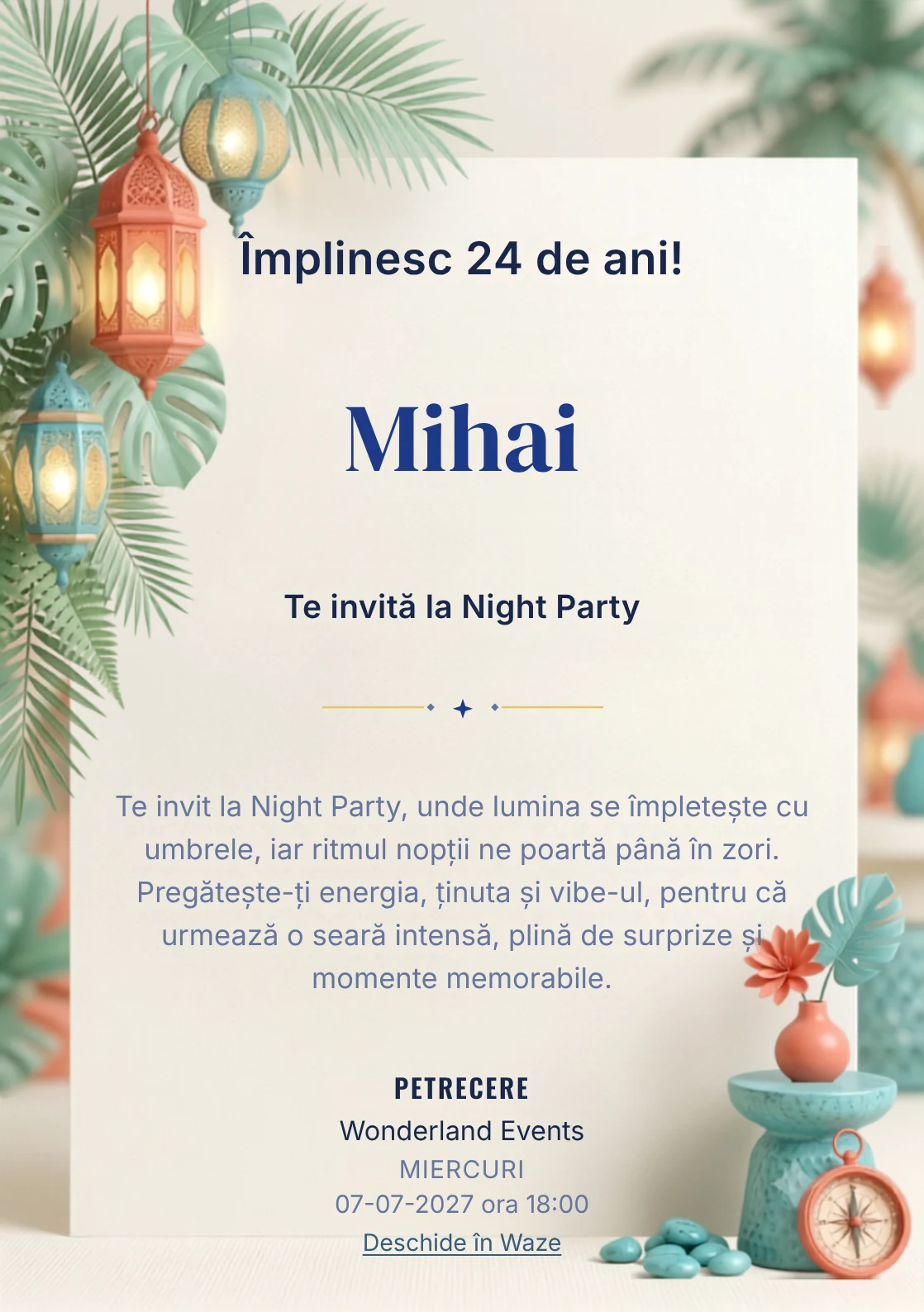 Pentru aniversările adulților, Tropical Night Light propune invitații online cu frunze ample și felinare și nuanțe de verde smarald pal și turcoaz.