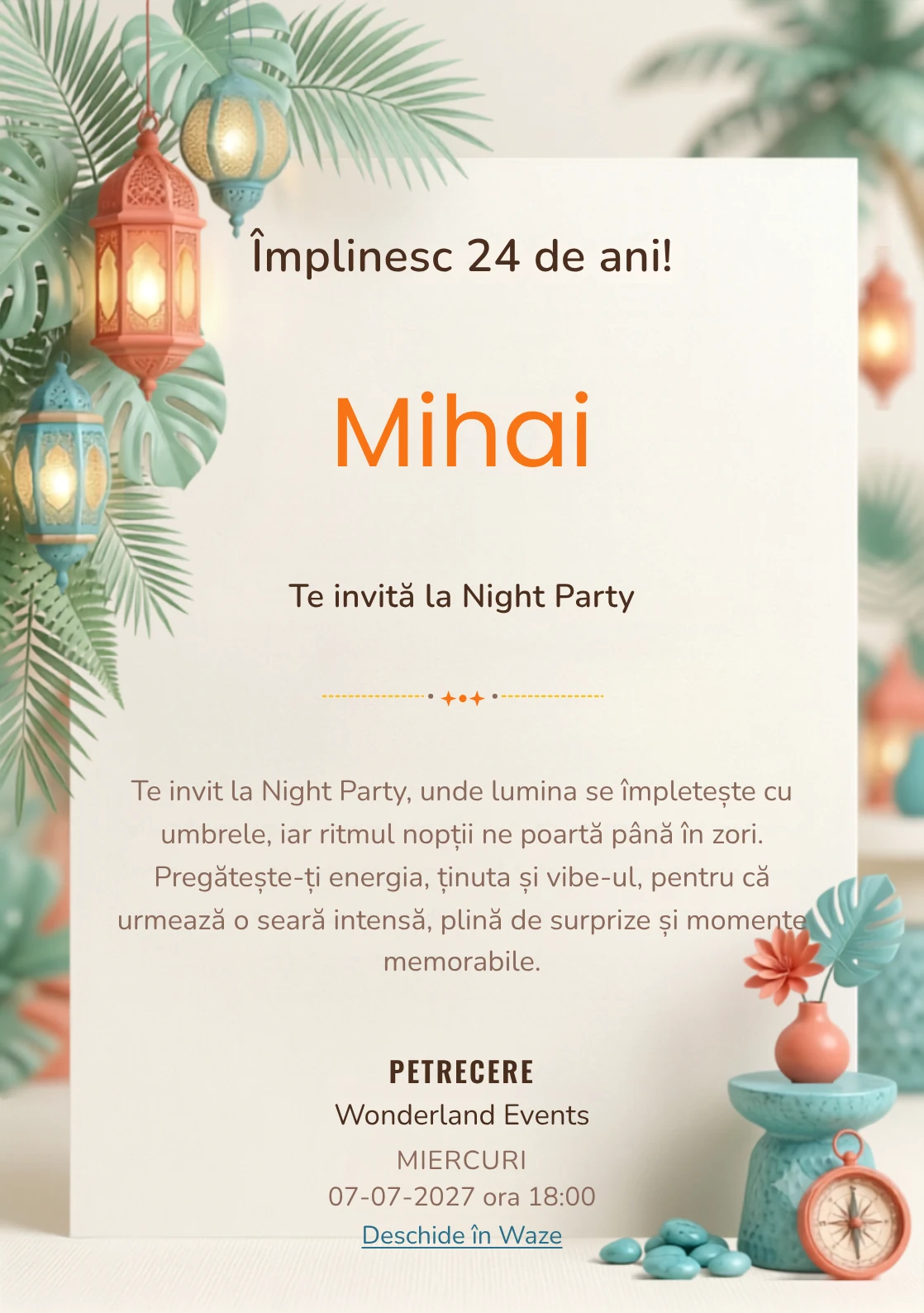 Pentru aniversările adulților, Tropical Night Light propune invitații online cu frunze ample și felinare și nuanțe de verde smarald pal și turcoaz.
