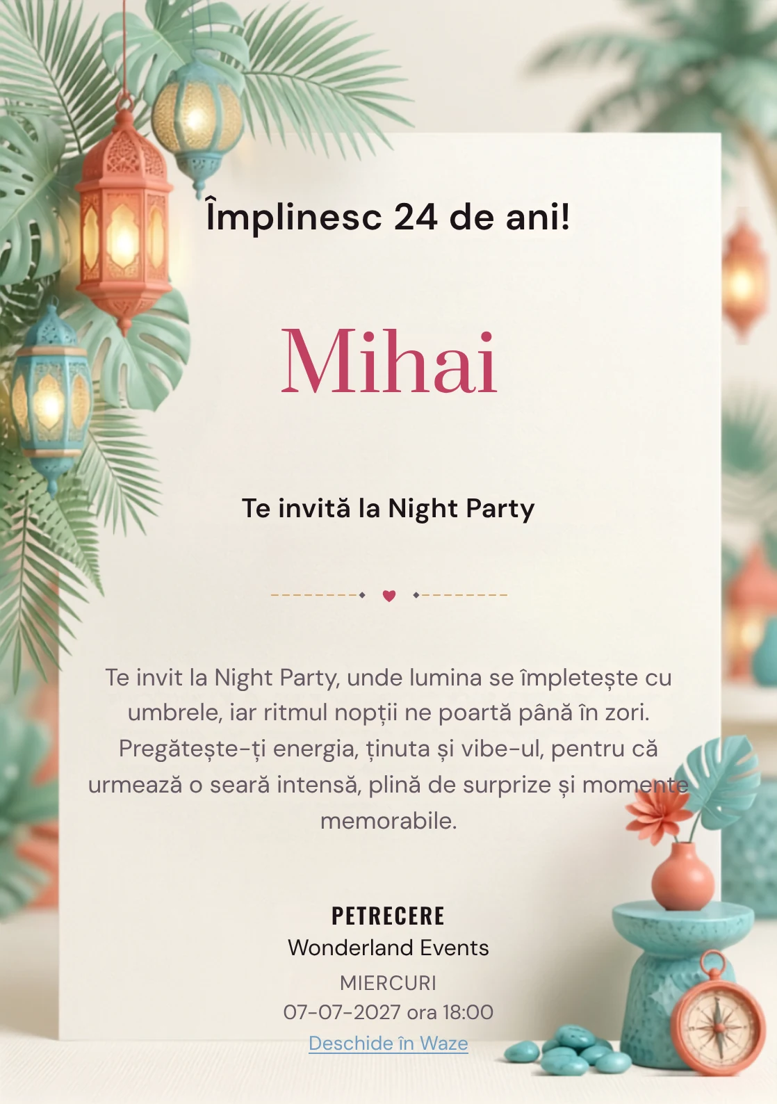 Pentru aniversările adulților, Tropical Night Light propune invitații online cu frunze ample și felinare și nuanțe de verde smarald pal și turcoaz.