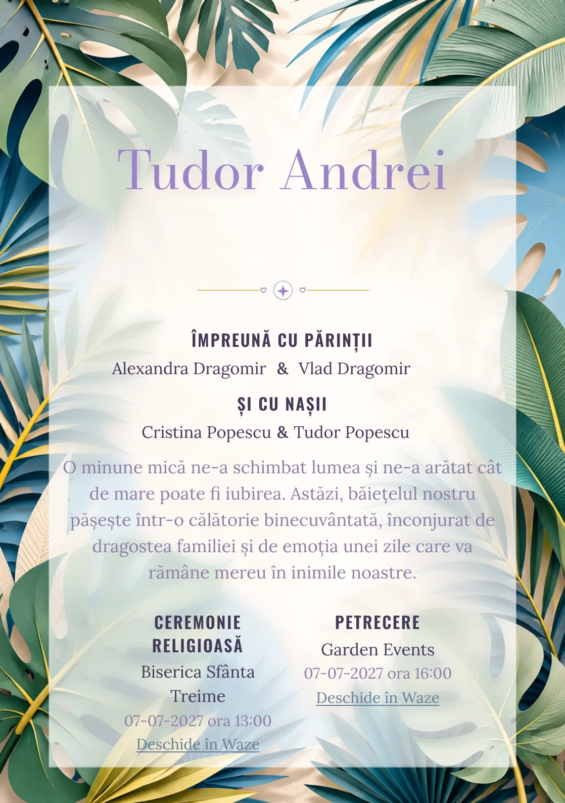 Tropice Decupate, design din gama de invitații botez băiat, prezintă frunze tropicale mari din hârtie decupată, alături de umbre stratificate și nervuri grafice.