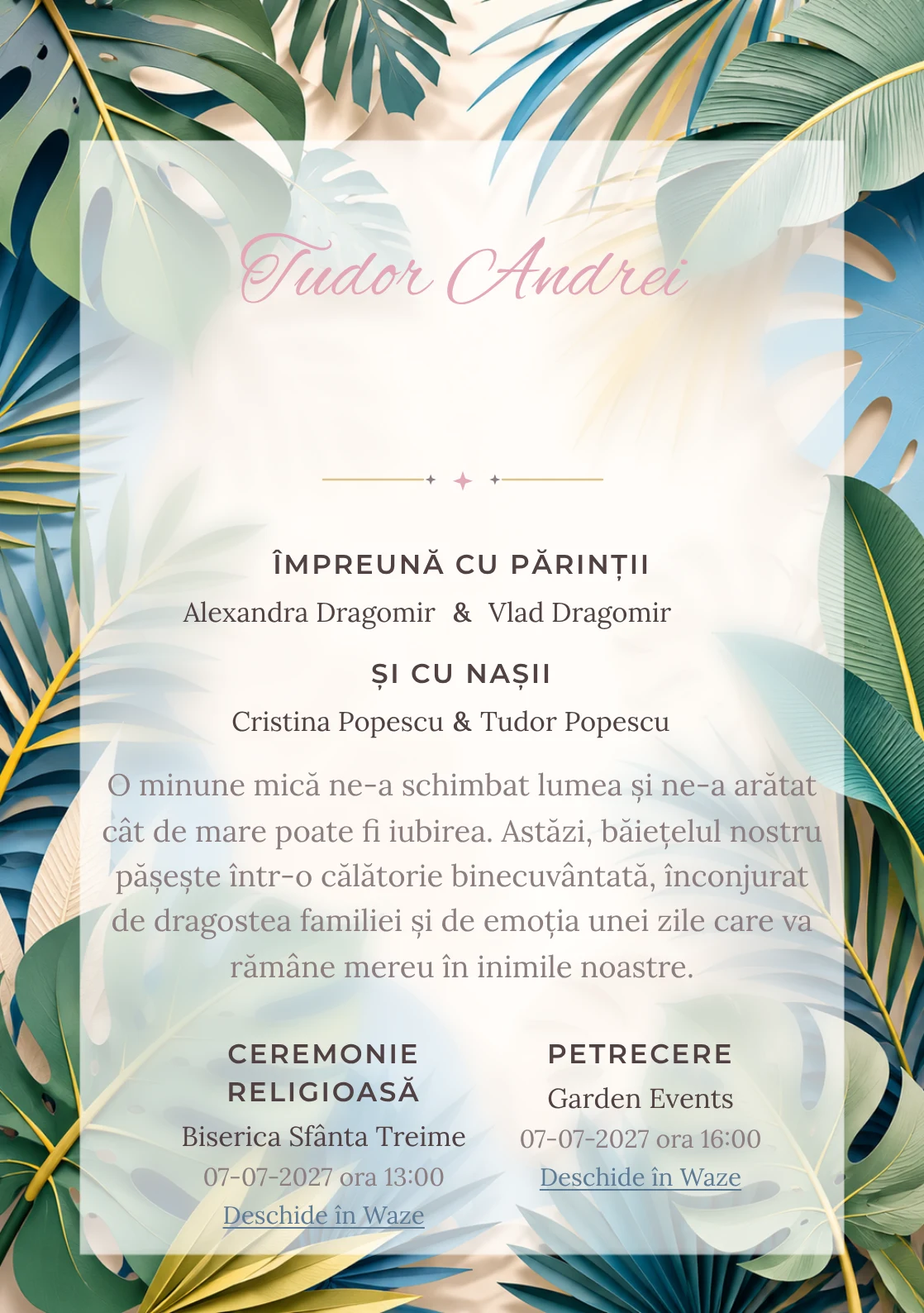 Tropice Decupate, design din gama de invitații botez băiat, prezintă frunze tropicale mari din hârtie decupată, alături de umbre stratificate și nervuri grafice.