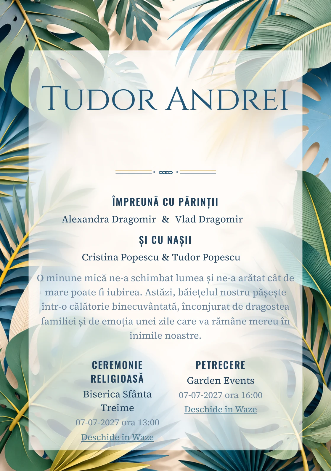Tropice Decupate, design din gama de invitații botez băiat, prezintă frunze tropicale mari din hârtie decupată, alături de umbre stratificate și nervuri grafice.