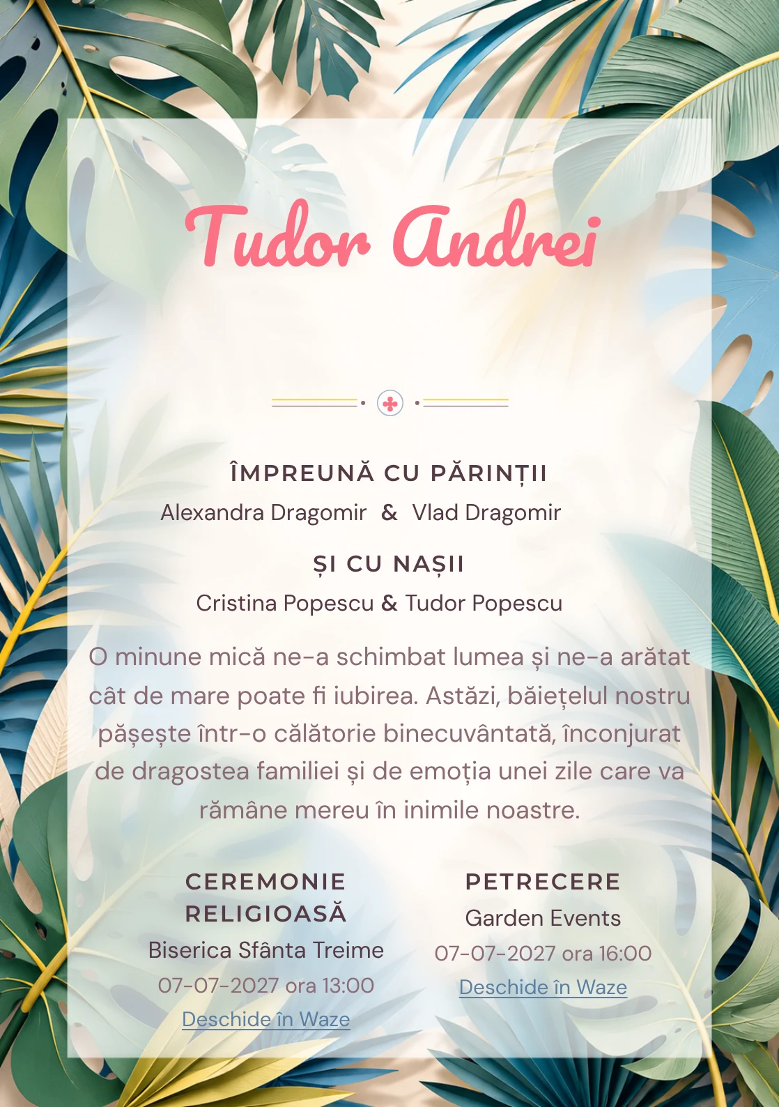 Tropice Decupate, design din gama de invitații botez băiat, prezintă frunze tropicale mari din hârtie decupată, alături de umbre stratificate și nervuri grafice.