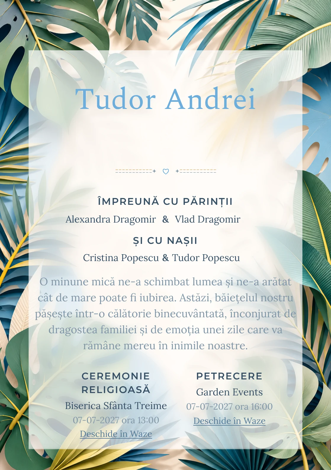 Tropice Decupate, design din gama de invitații botez băiat, prezintă frunze tropicale mari din hârtie decupată, alături de umbre stratificate și nervuri grafice.