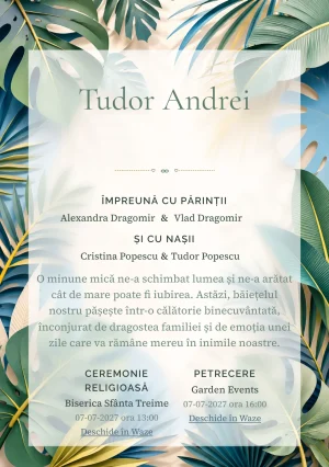 Tropice Decupate, design din gama de invitații botez băiat, prezintă frunze tropicale mari din hârtie decupată, alături de umbre stratificate și nervuri grafice.