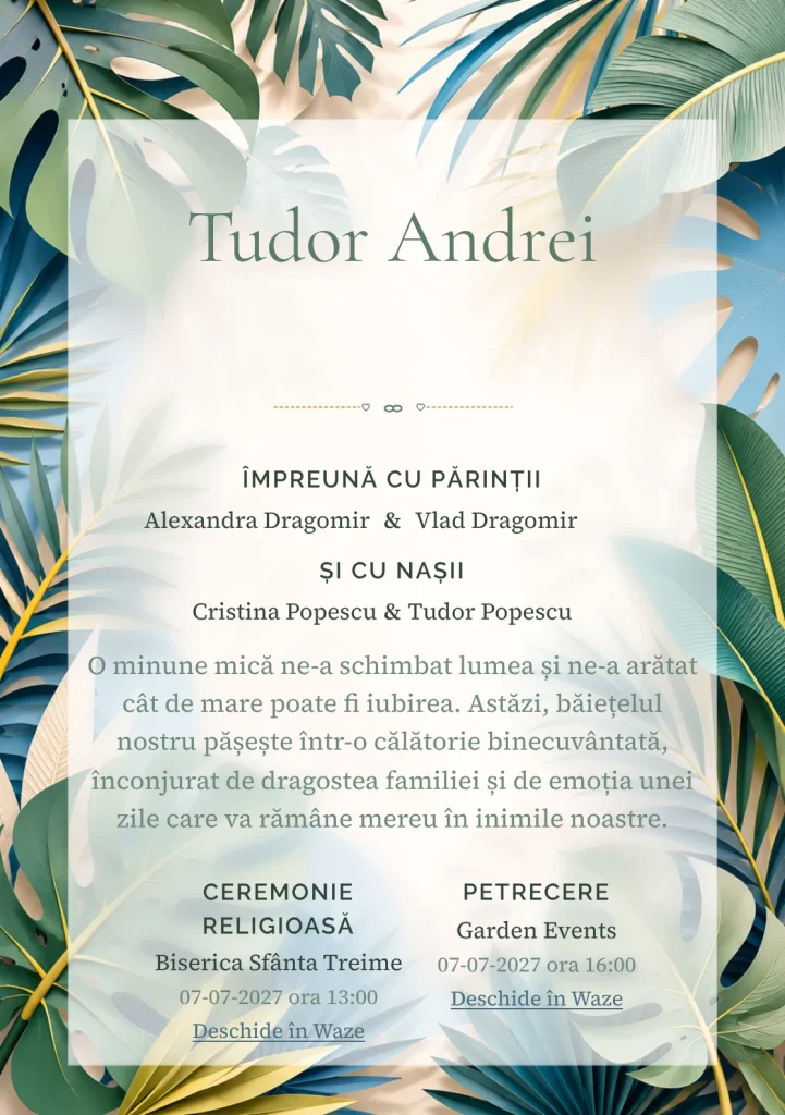 Tropice Decupate, design din gama de invitații botez băiat, prezintă frunze tropicale mari din hârtie decupată, alături de umbre stratificate și nervuri grafice.