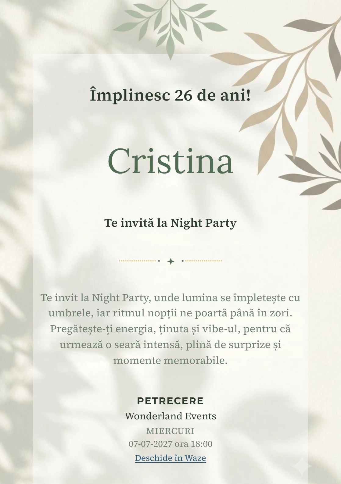 Modelul Umbre Botanice, invitație digitală pentru ziua de naștere a adulților, pune în valoare o ramură abstractă proiectată.