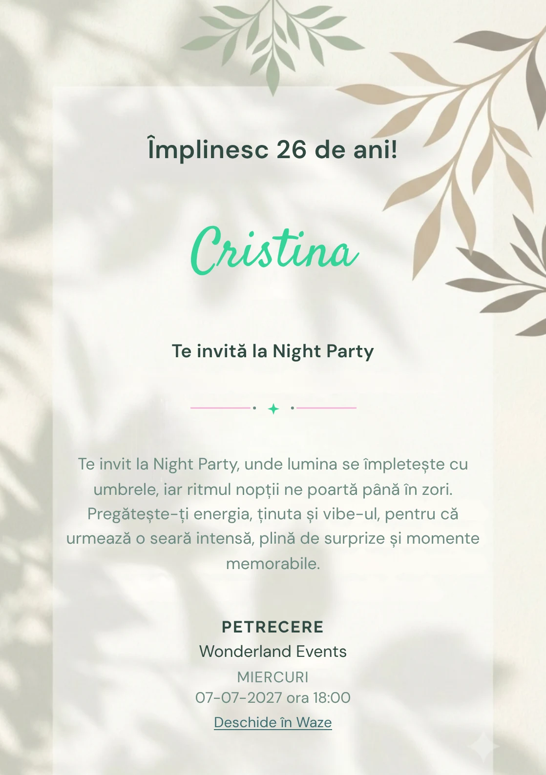 Modelul Umbre Botanice, invitație digitală pentru ziua de naștere a adulților, pune în valoare o ramură abstractă proiectată.