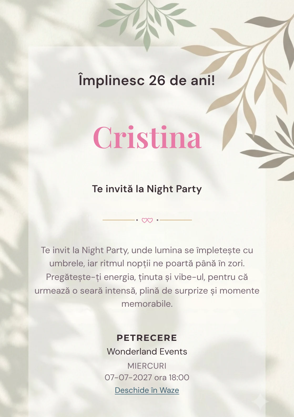 Modelul Umbre Botanice, invitație digitală pentru ziua de naștere a adulților, pune în valoare o ramură abstractă proiectată.