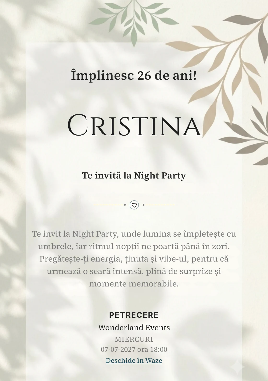 Modelul Umbre Botanice, invitație digitală pentru ziua de naștere a adulților, pune în valoare o ramură abstractă proiectată.
