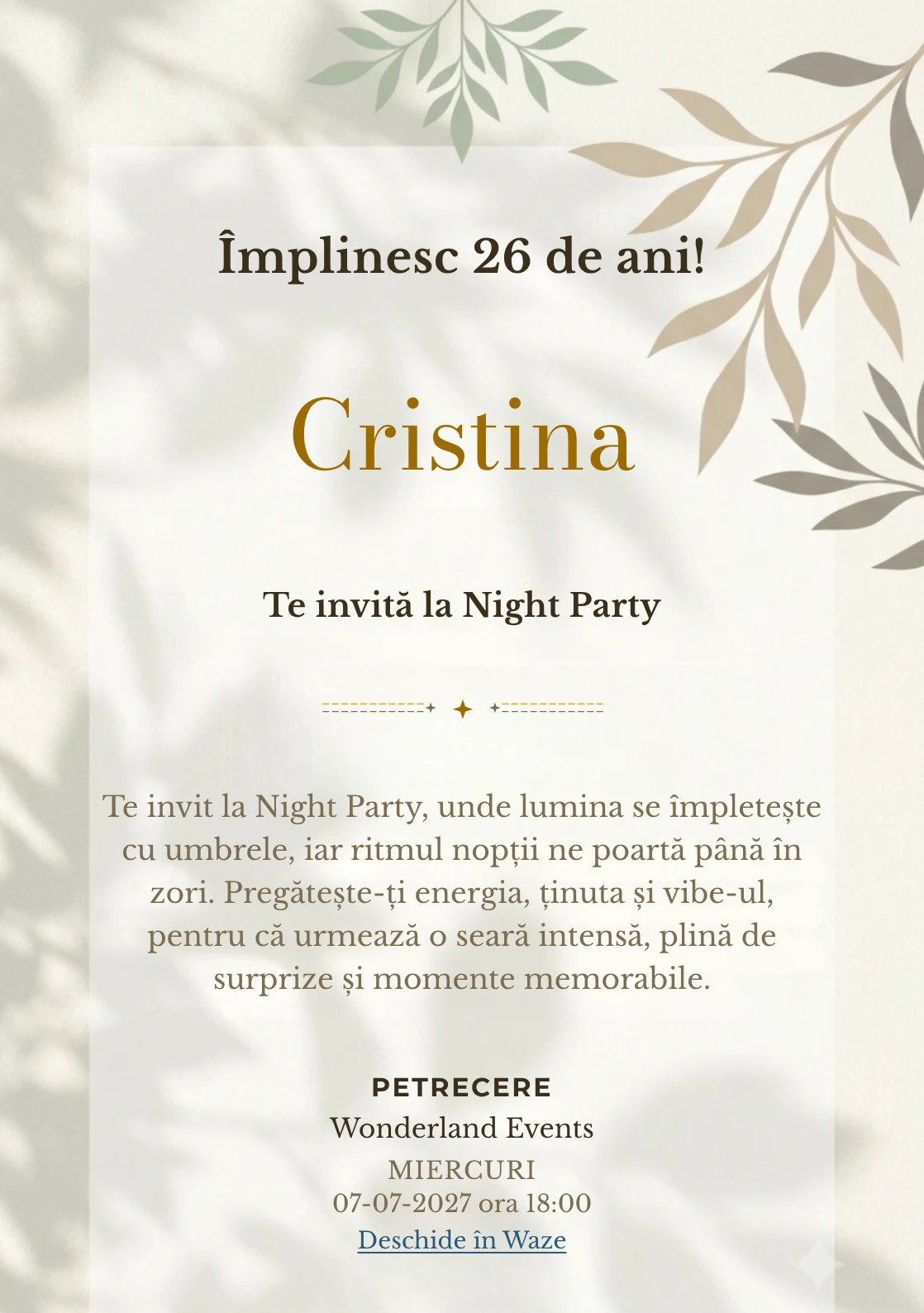 Modelul Umbre Botanice, invitație digitală pentru ziua de naștere a adulților, pune în valoare o ramură abstractă proiectată.