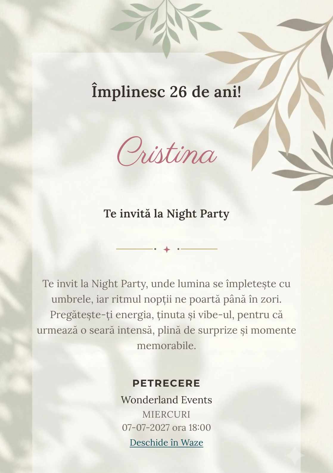Modelul Umbre Botanice, invitație digitală pentru ziua de naștere a adulților, pune în valoare o ramură abstractă proiectată.