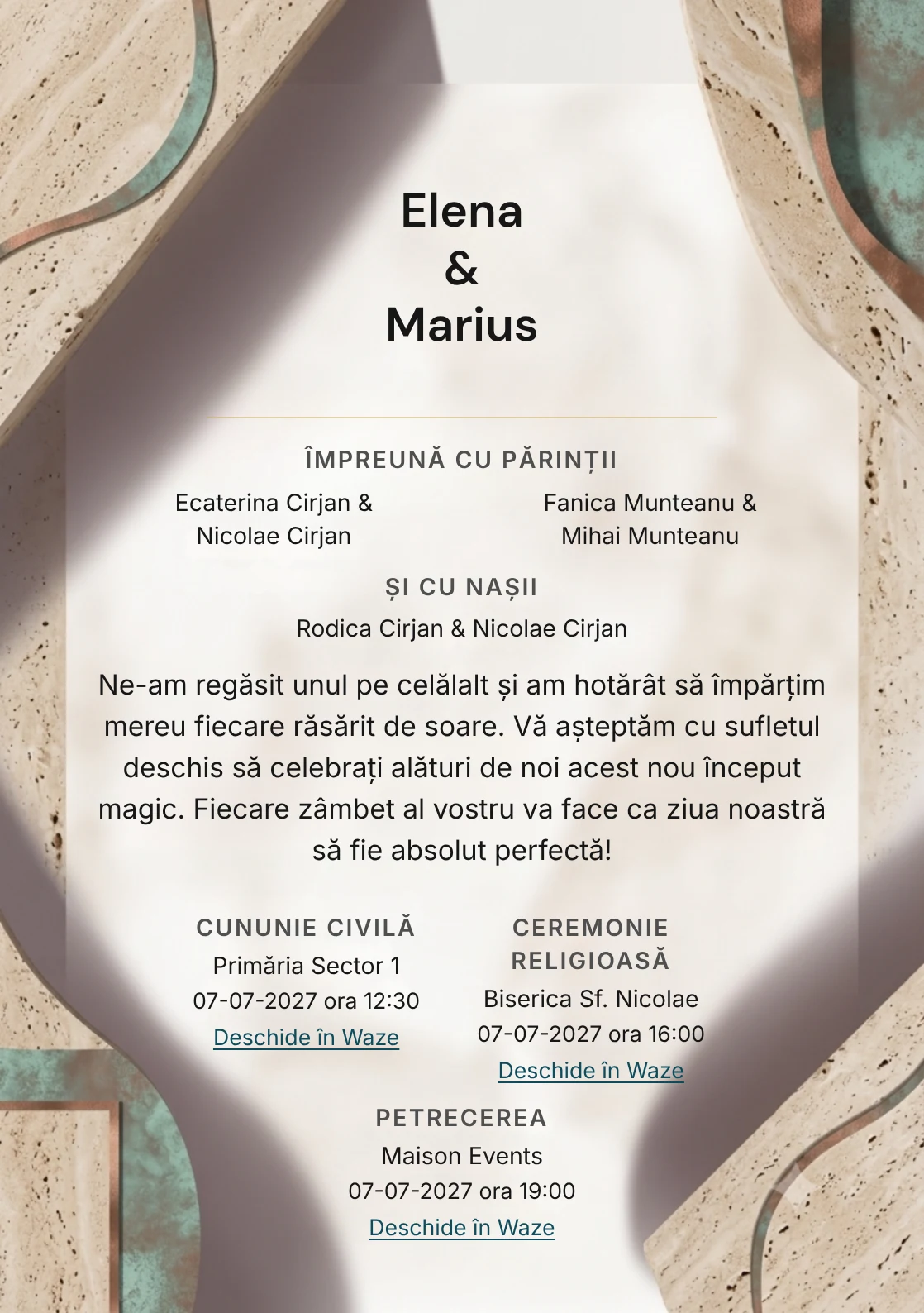 Umbre de Galerie, în colecția de invitații nuntă, are ca reper vizual umbră amplă de obiect sculptural invizibil, în nuanțe de bej travertin, alb lumină și mov cenușiu.