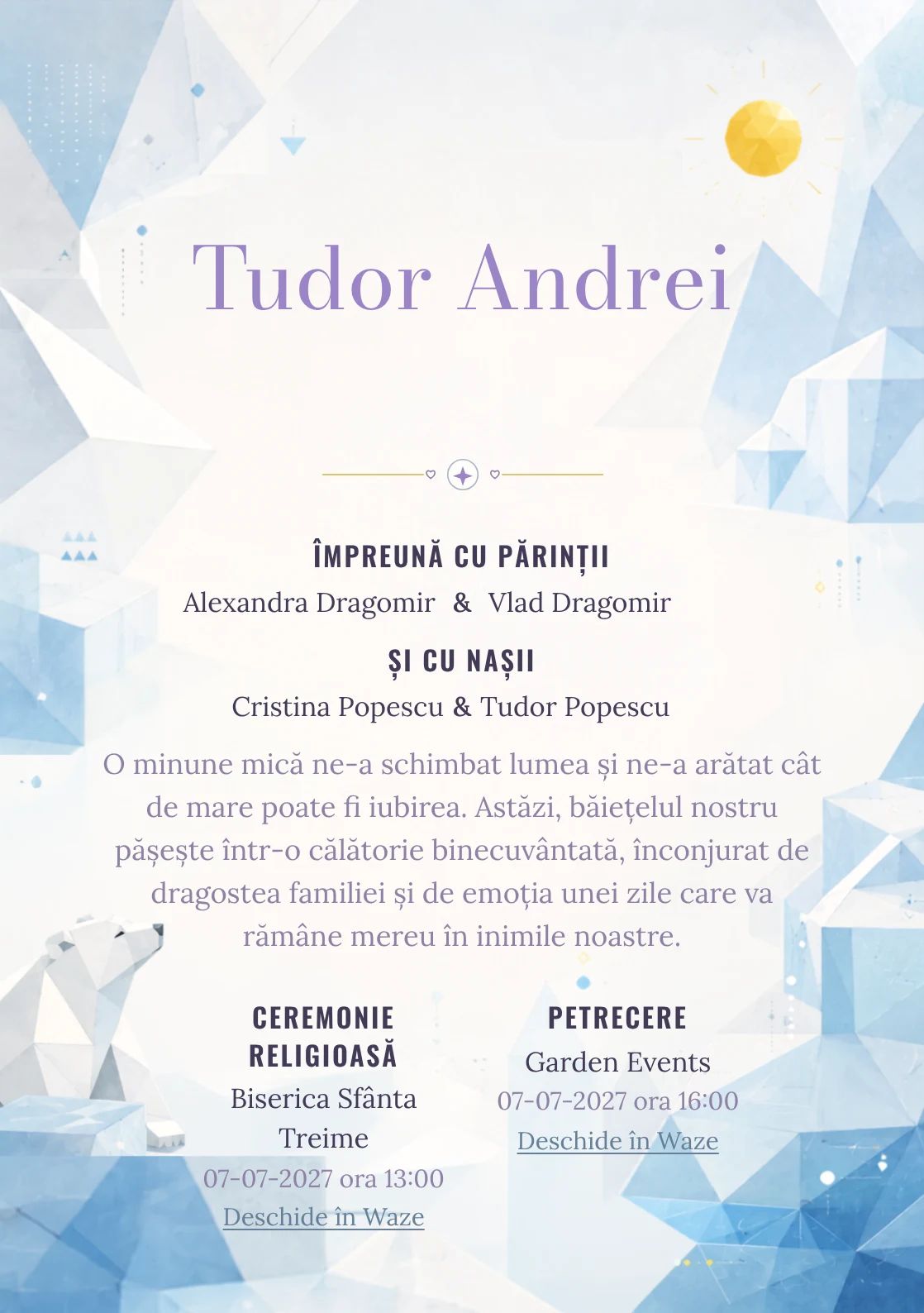 Imaginea Urs Polar Geometric, din gama de invitații botez băiat, pune în valoare un urs polar construit din plane simple, cu blocuri de gheață și un soare.