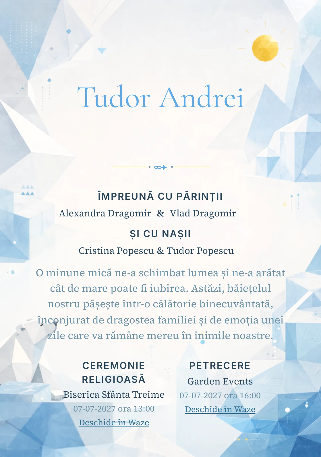 Imaginea Urs Polar Geometric, din gama de invitații botez băiat, pune în valoare un urs polar construit din plane simple, cu blocuri de gheață și un soare.