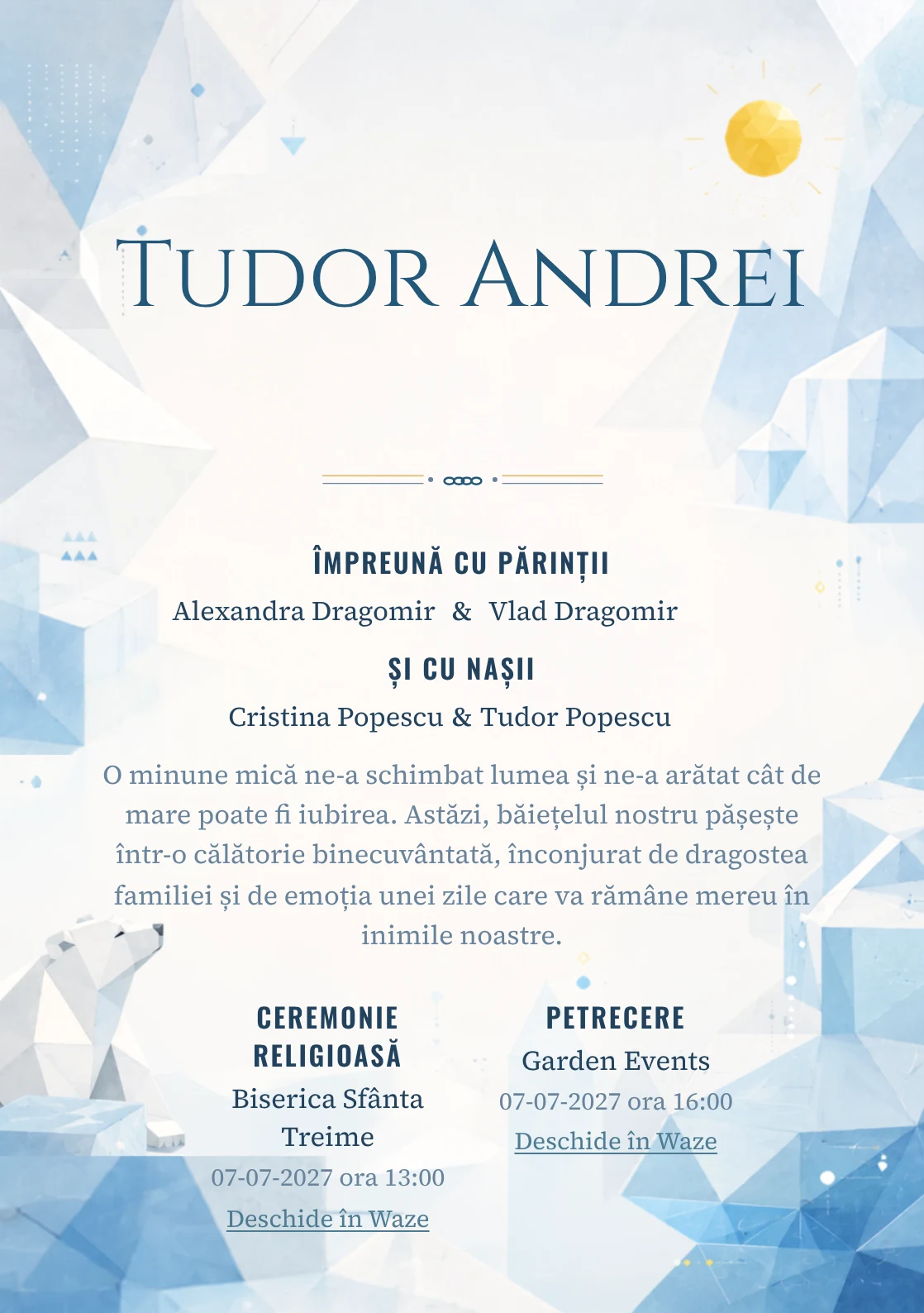 Imaginea Urs Polar Geometric, din gama de invitații botez băiat, pune în valoare un urs polar construit din plane simple, cu blocuri de gheață și un soare.