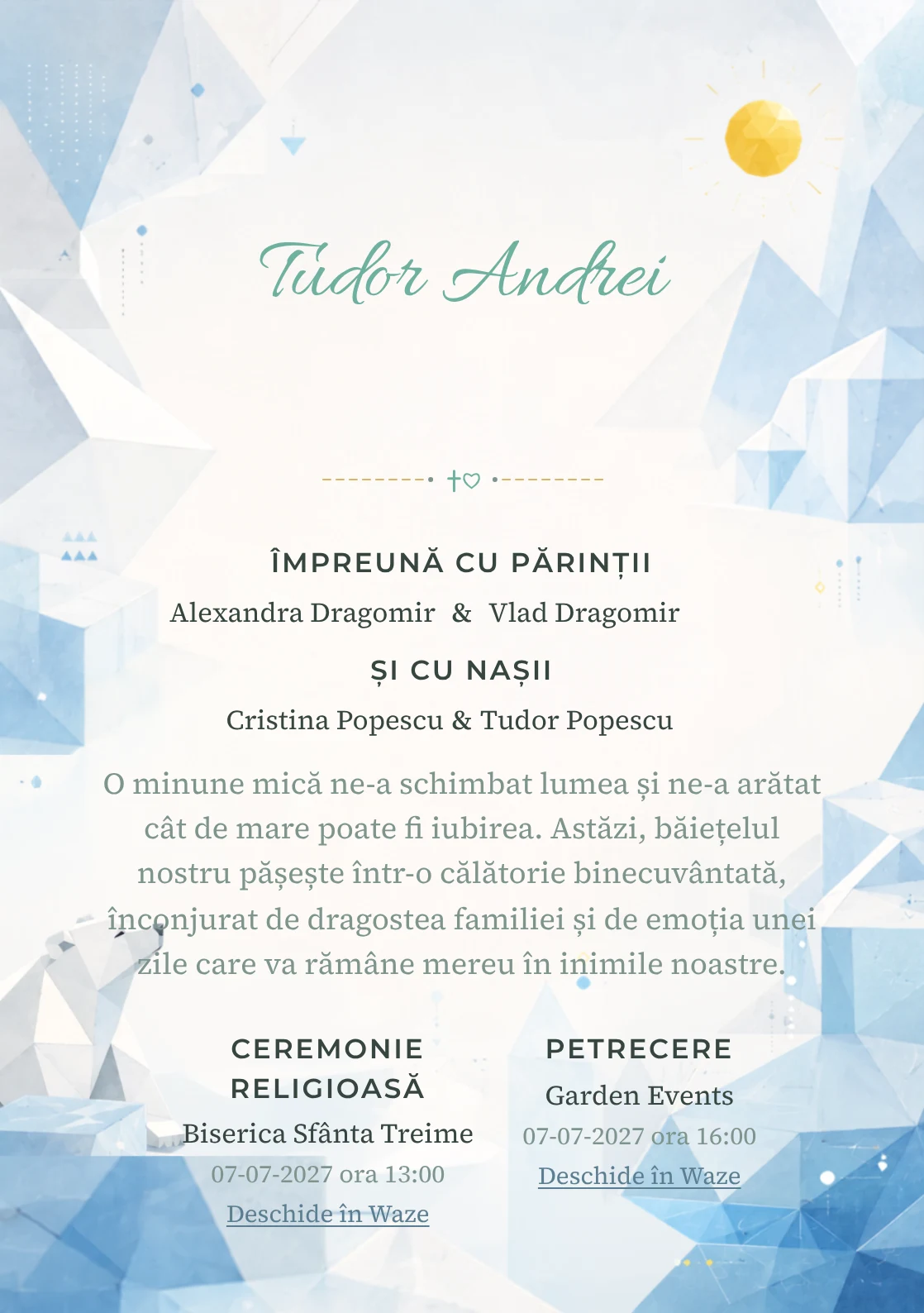 Imaginea Urs Polar Geometric, din gama de invitații botez băiat, pune în valoare un urs polar construit din plane simple, cu blocuri de gheață și un soare.