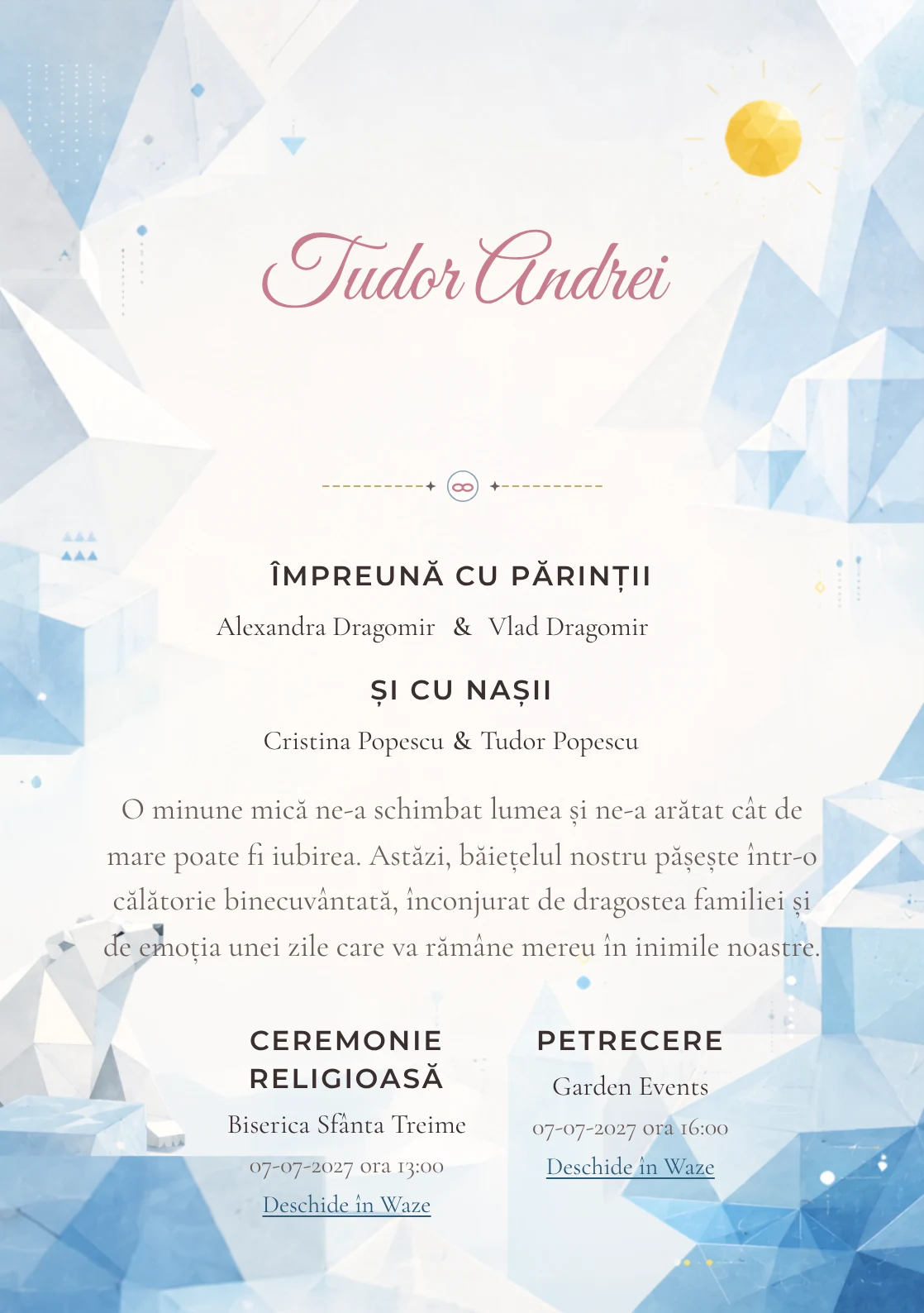 Imaginea Urs Polar Geometric, din gama de invitații botez băiat, pune în valoare un urs polar construit din plane simple, cu blocuri de gheață și un soare.