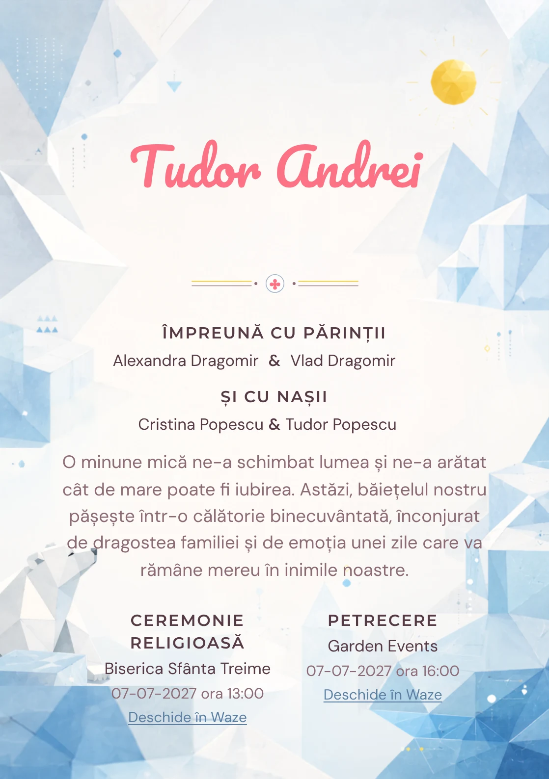 Imaginea Urs Polar Geometric, din gama de invitații botez băiat, pune în valoare un urs polar construit din plane simple, cu blocuri de gheață și un soare.