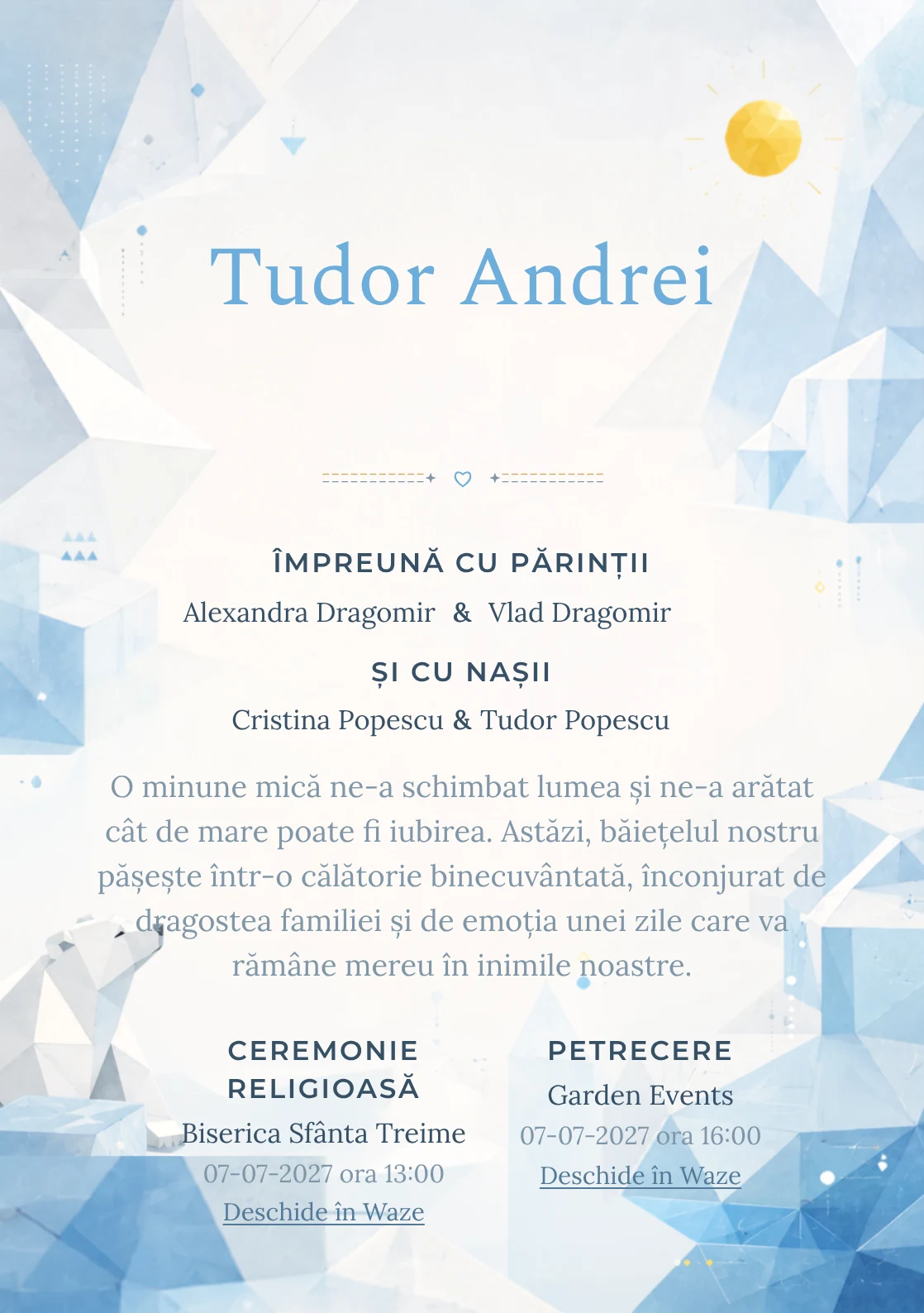 Imaginea Urs Polar Geometric, din gama de invitații botez băiat, pune în valoare un urs polar construit din plane simple, cu blocuri de gheață și un soare.
