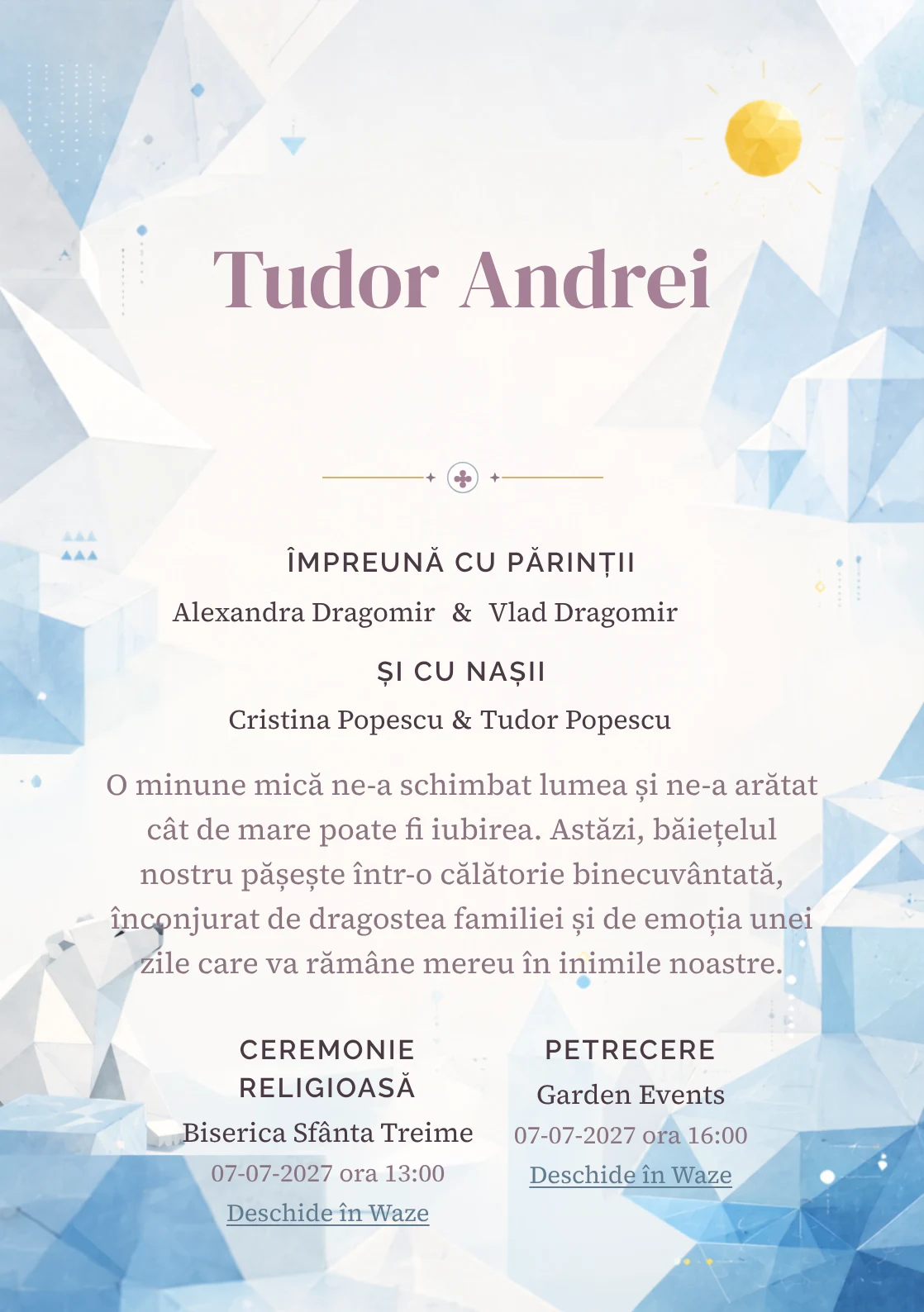 Imaginea Urs Polar Geometric, din gama de invitații botez băiat, pune în valoare un urs polar construit din plane simple, cu blocuri de gheață și un soare.