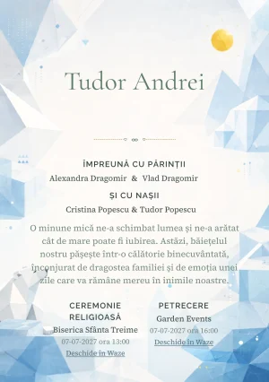 Imaginea Urs Polar Geometric, din gama de invitații botez băiat, pune în valoare un urs polar construit din plane simple, cu blocuri de gheață și un soare.