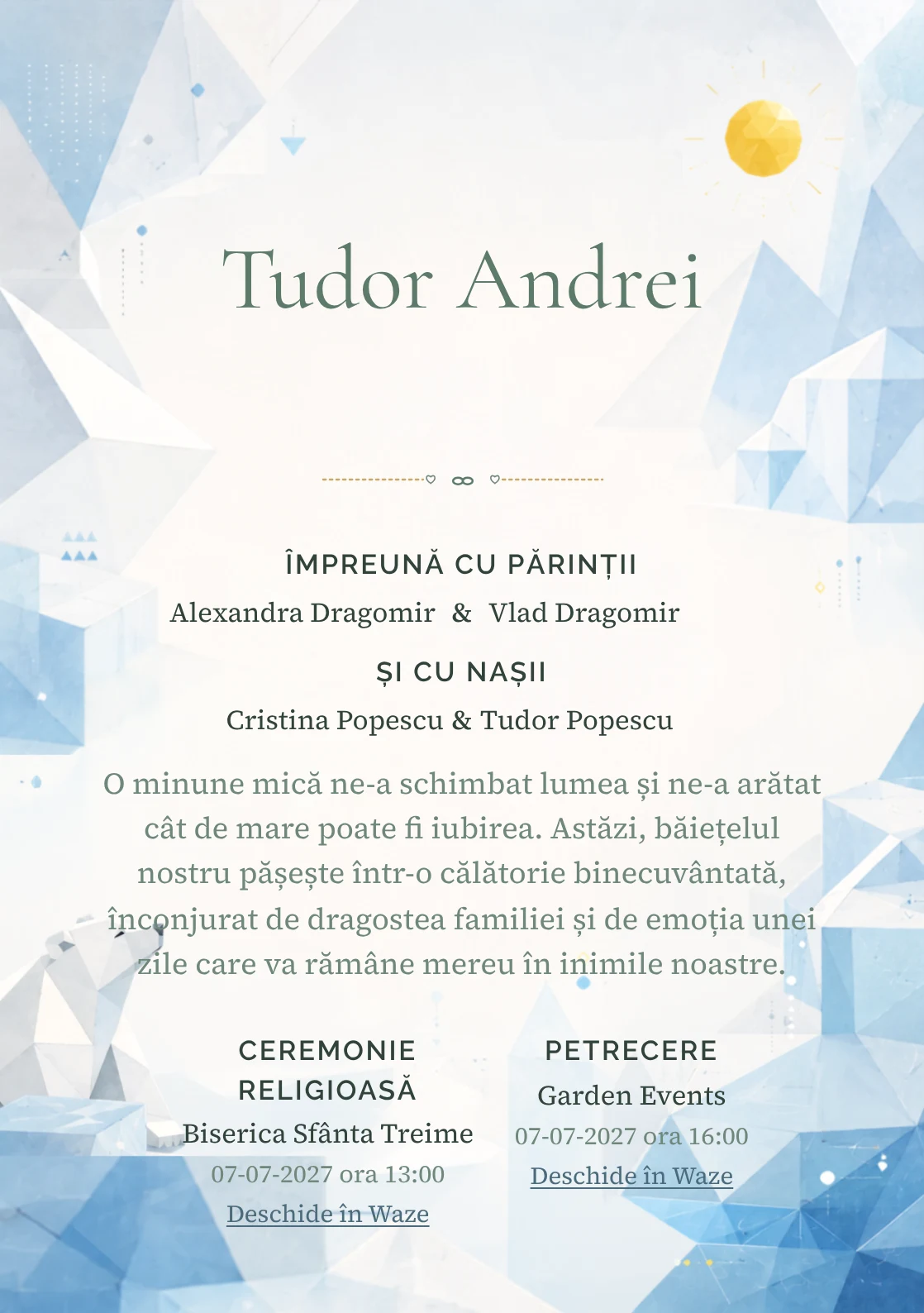 Imaginea Urs Polar Geometric, din gama de invitații botez băiat, pune în valoare un urs polar construit din plane simple, cu blocuri de gheață și un soare.